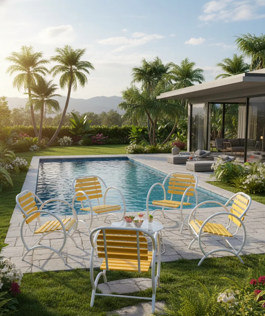 Quatre fauteuils de jardin anciens dans un cadre ensoleillé près de la piscine