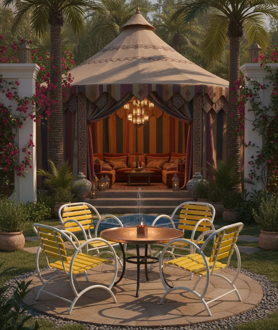 Cuatro sillones de jardin antiguos, color amarillo y blanco, rodeados de plantas