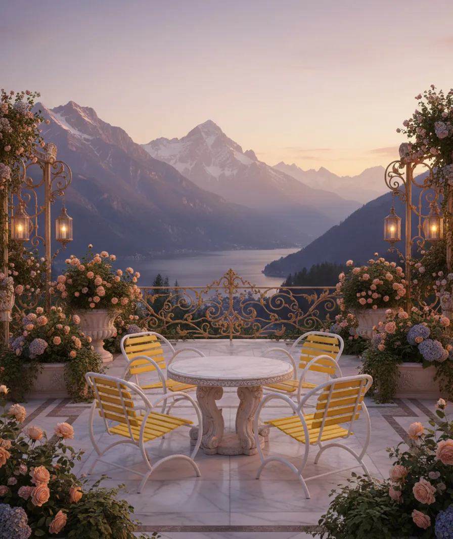 Quatre fauteuils de jardin anciens avec un design artistique entouré de fleurs