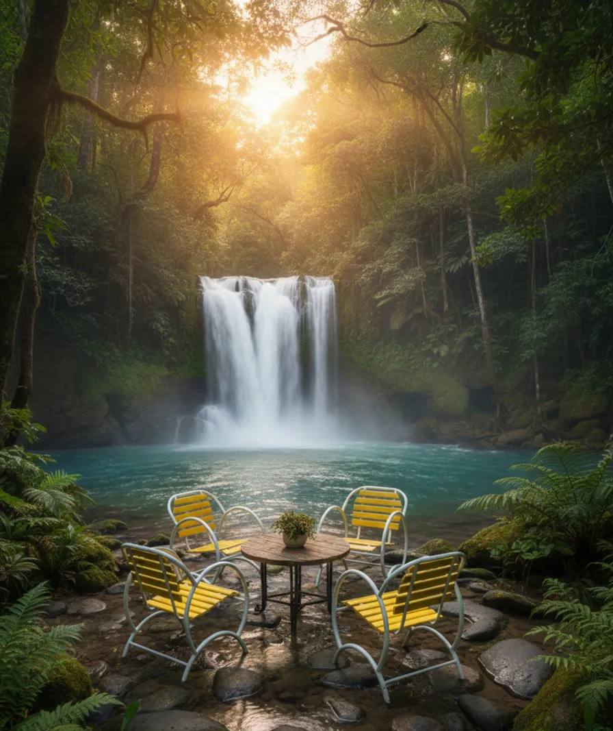 four antique garden armchairs in yellow by a table in a natural setting