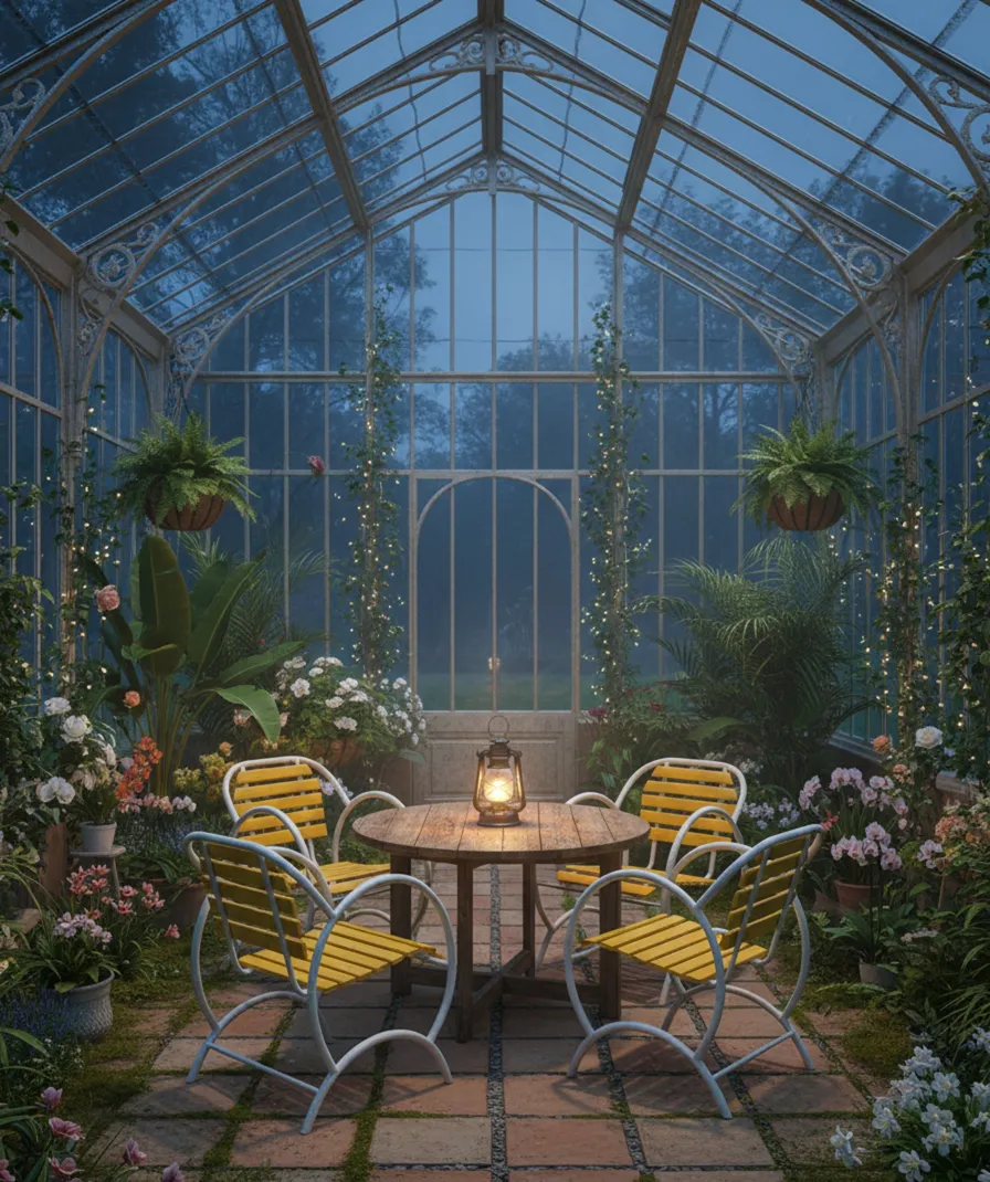 4 sillones de jardin antiguos en un invernadero con plantas