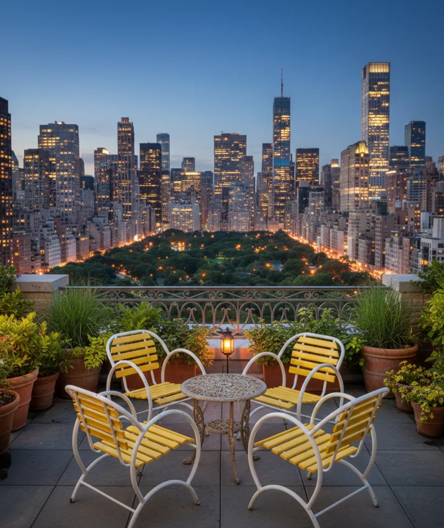 Quatre fauteuils de jardin anciens avec un design art deco dans un cadre urbain avec des plantes et une petite table