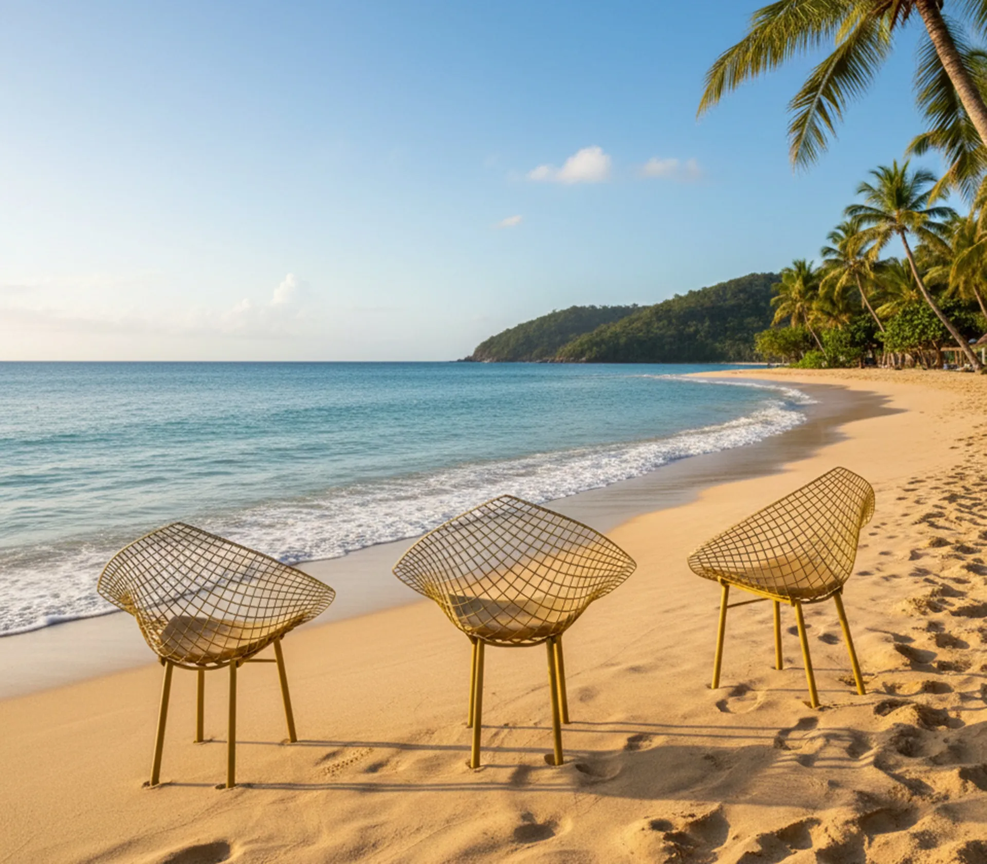해변가에 있는 정원 안락의자 3개, 고급스러움