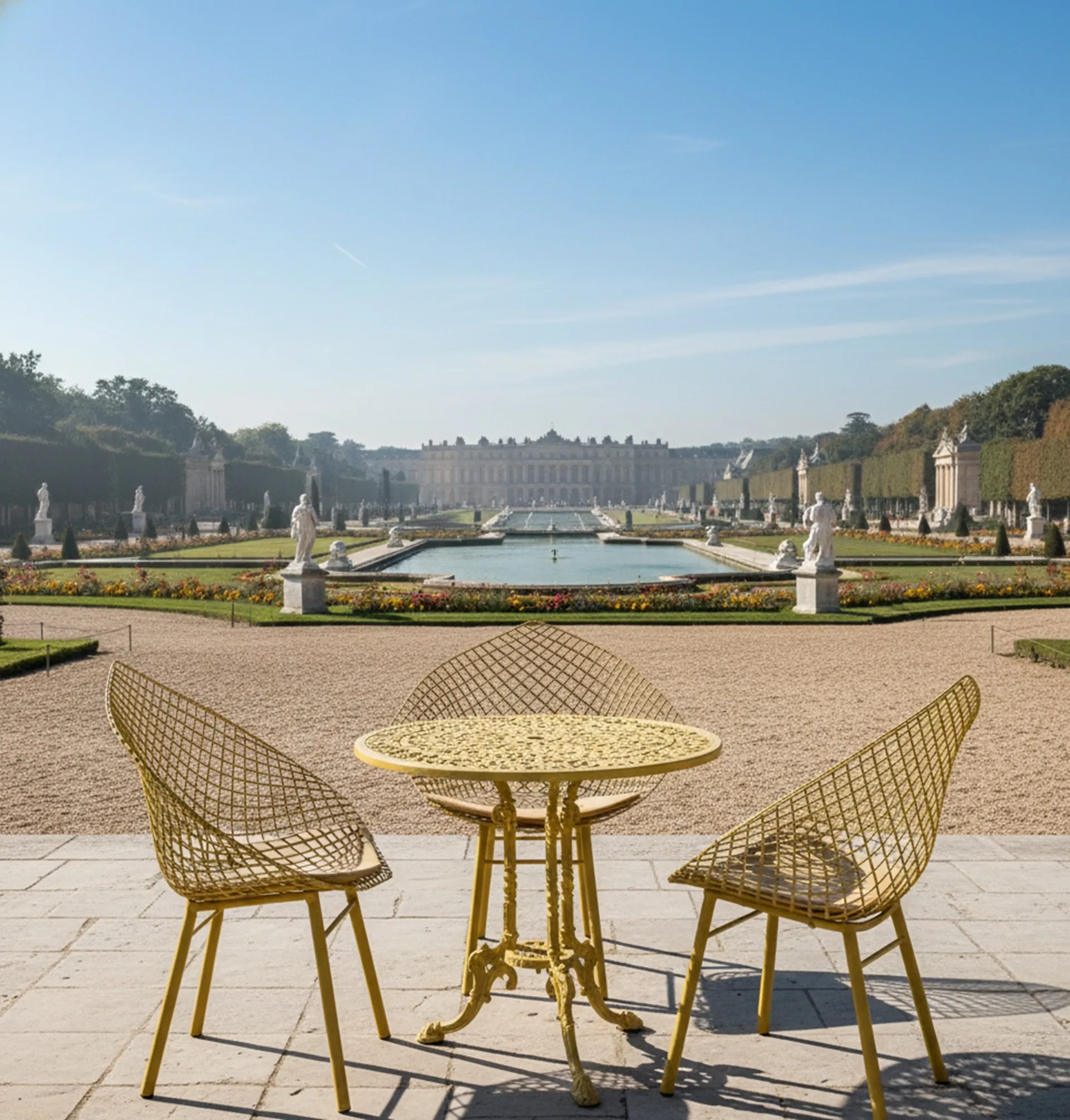 Tre poltrone da giardino antiche gialle all'aperto