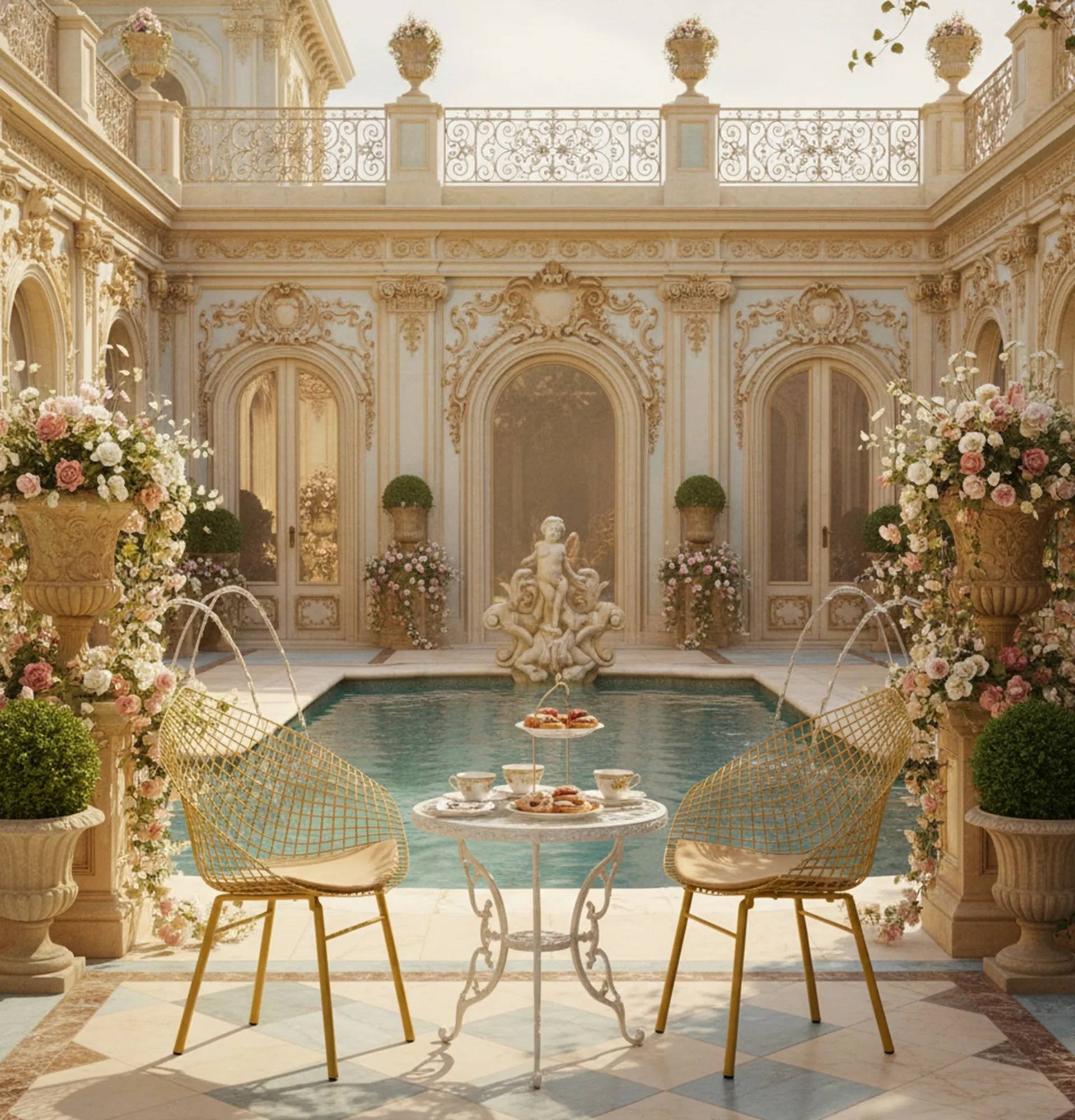 3 fauteuils de jardin anciens dans un magnifique cadre floral