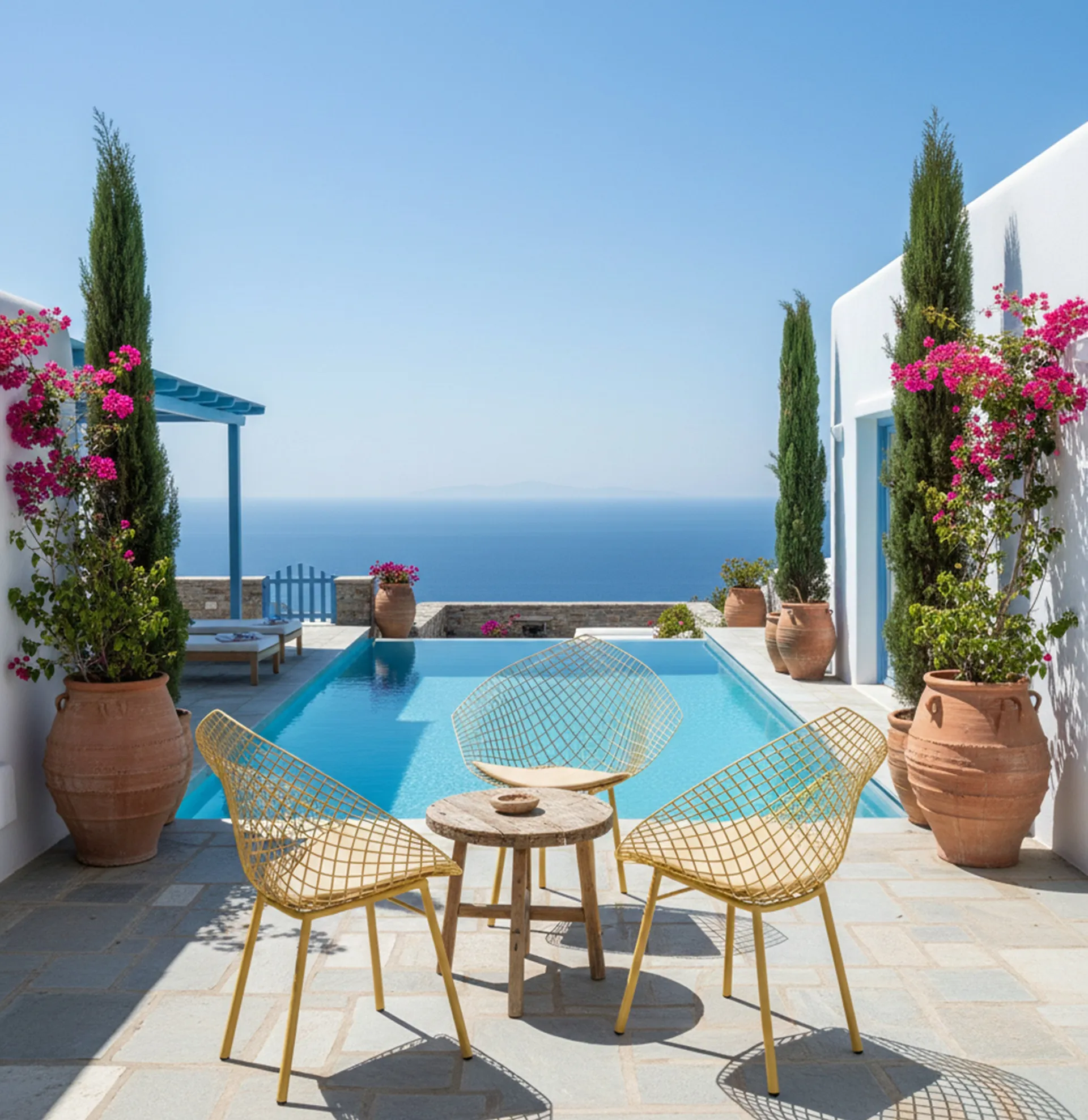 Drei antike Garten-Sessel in einer sonnigen Poollandschaft mit bunten Blumen.