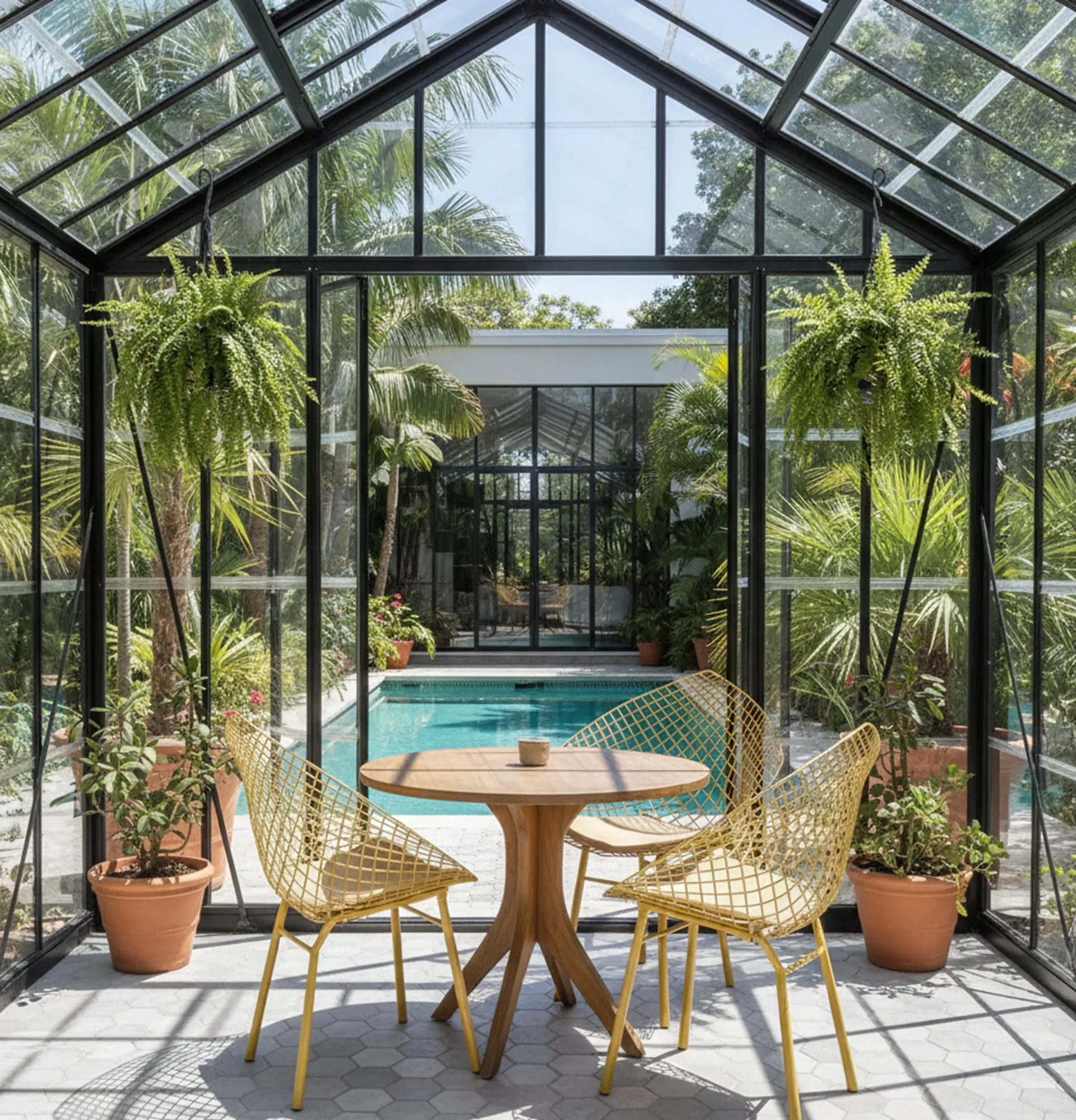 Três poltronas de jardim antigas cercadas por plantas em uma estufa