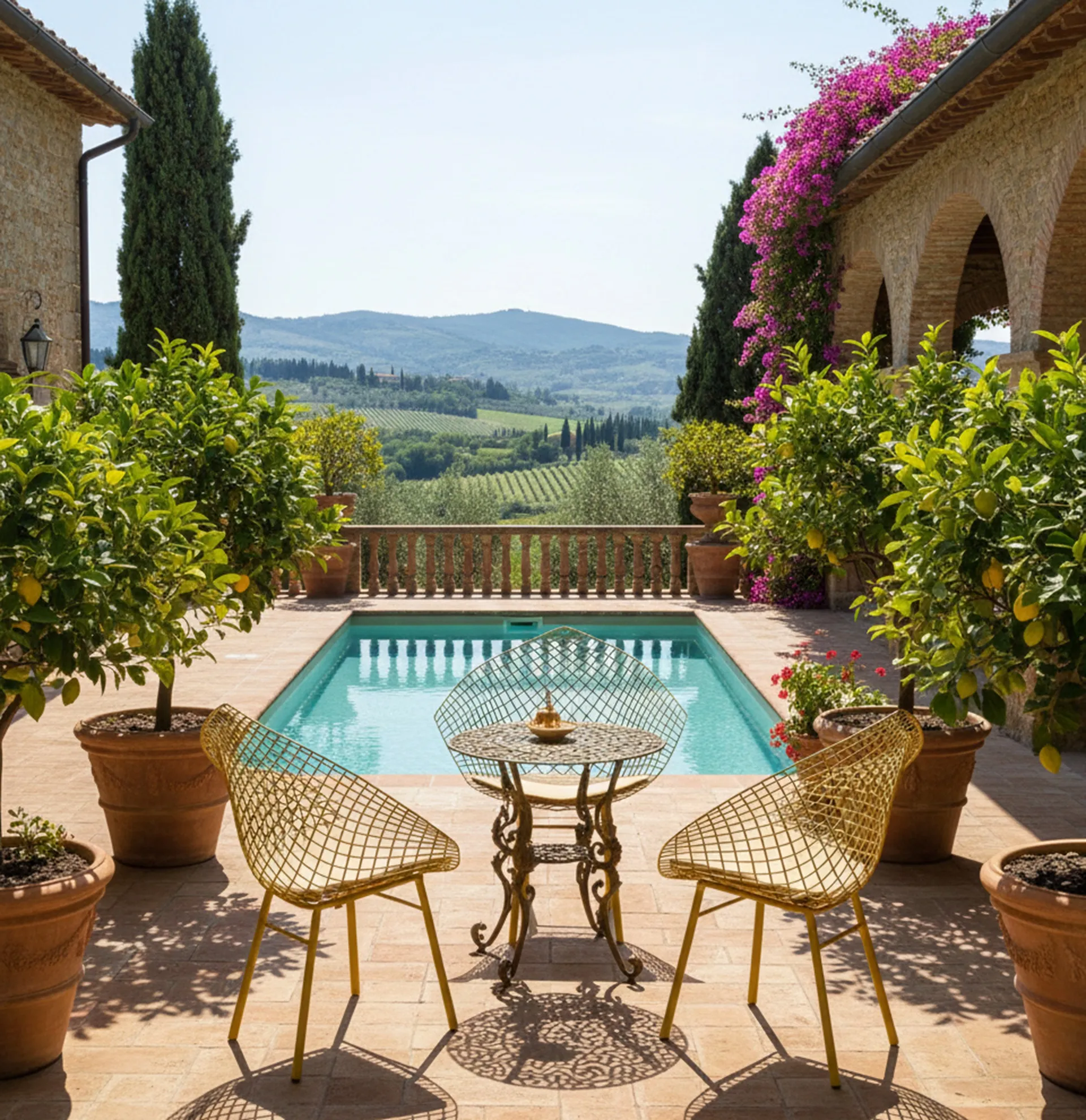 Three antique garden armchairs by a pool with plants
