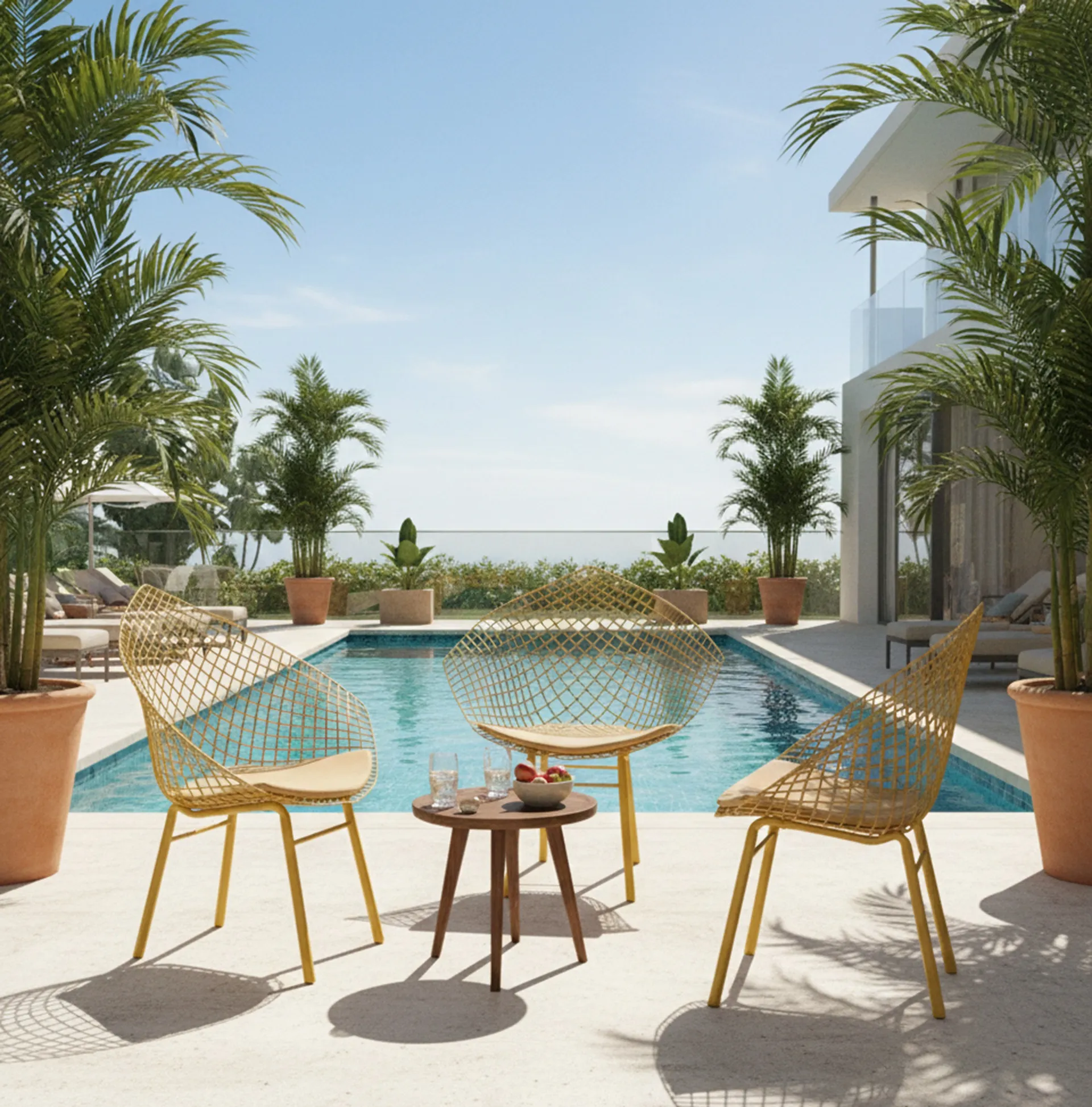 Trois fauteuils de jardin anciens avec design en treillis près d'une piscine
