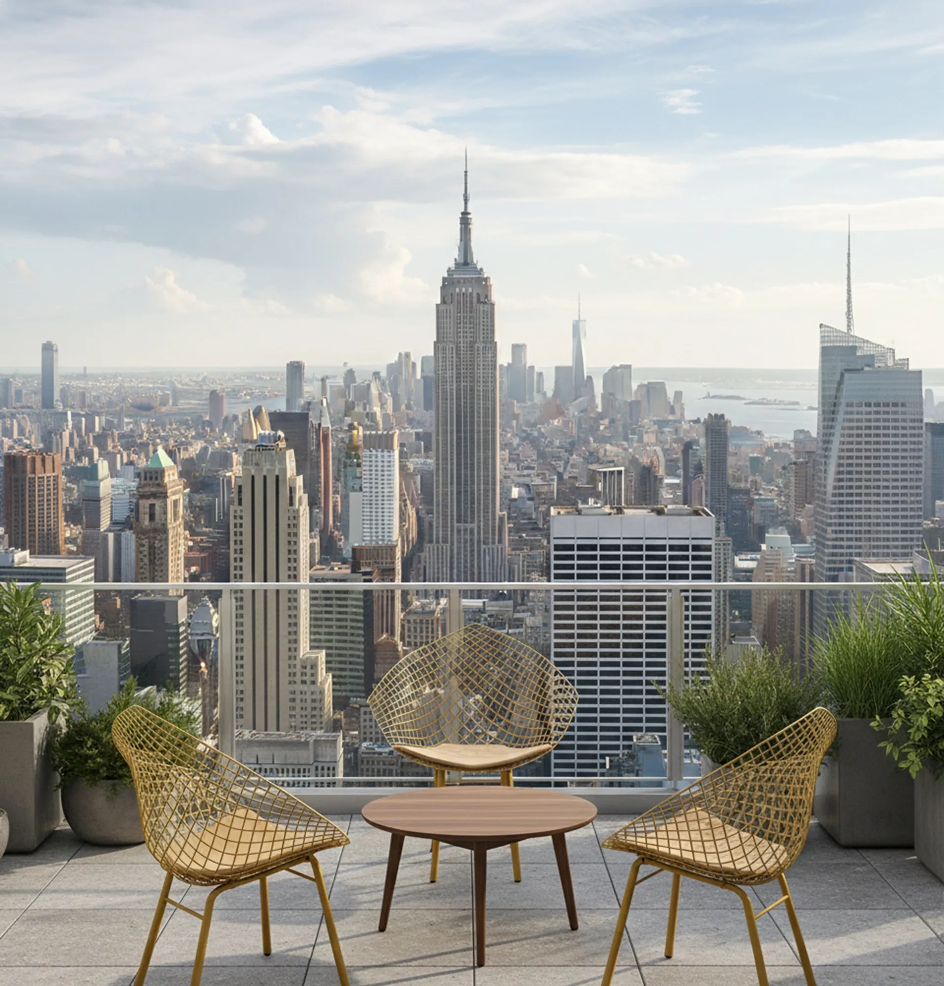 Drei antike Garten-Sessel auf einer Terrasse mit Aussicht