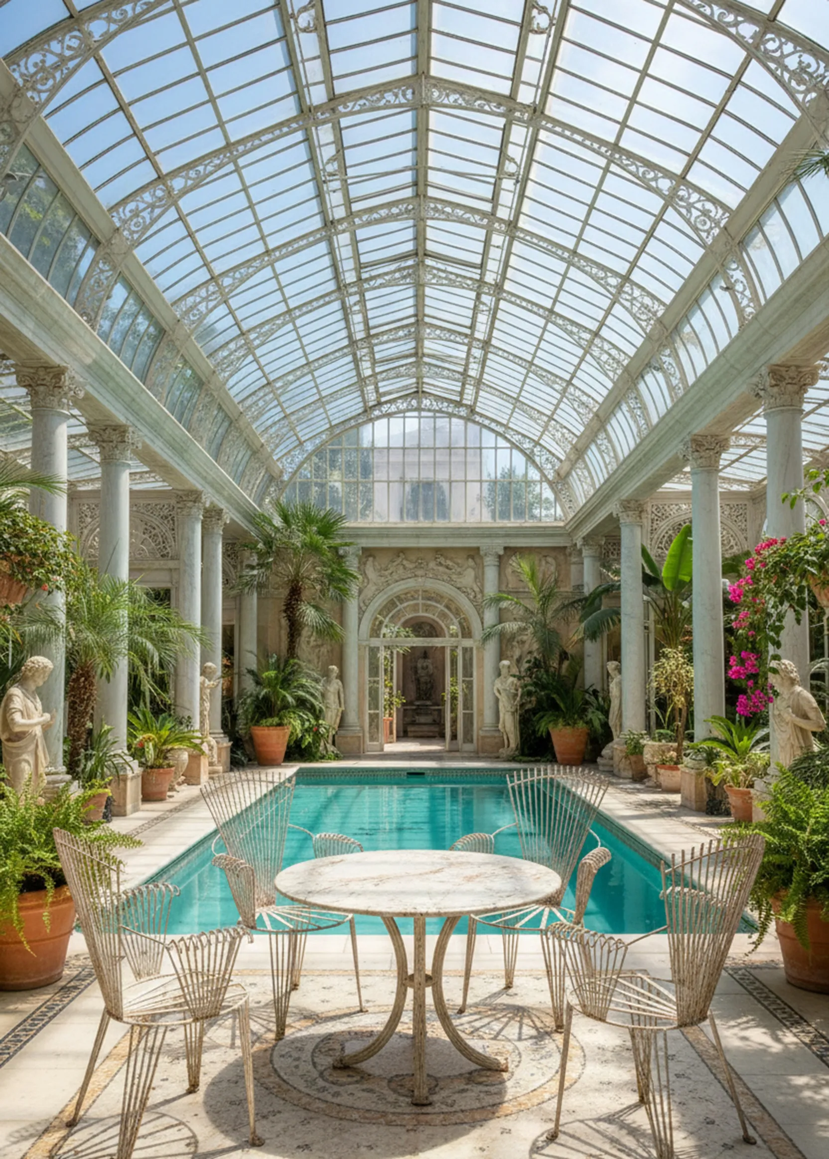 4 fauteuils de jardin anciens près d'une piscine avec des plantes