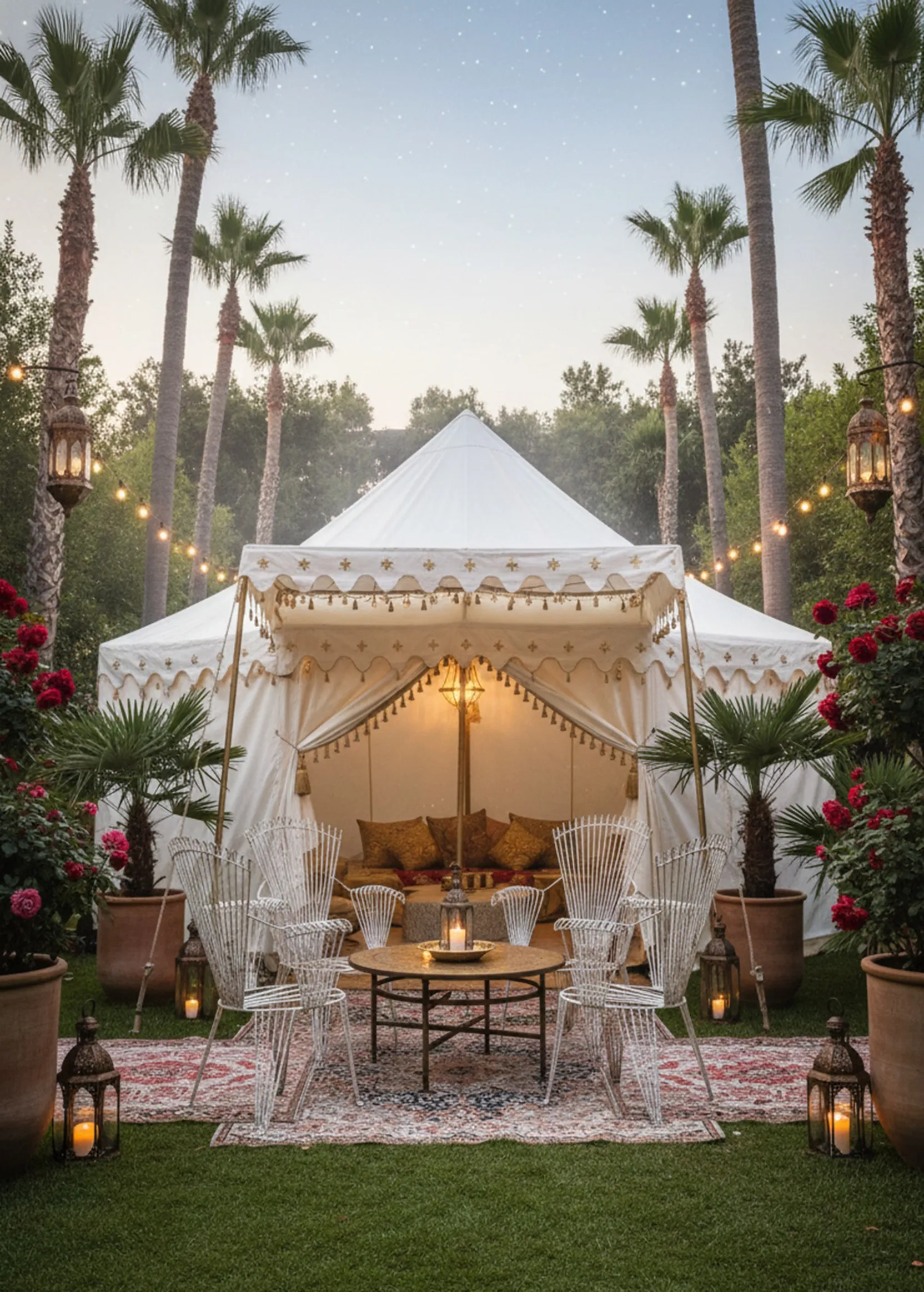 4脚の古いガーデンアームチェアが、落ち着いた環境に整然と配置されており、焚き火と植物が周囲にあります