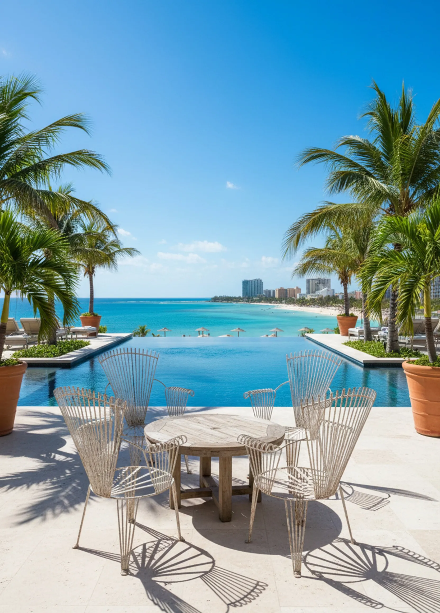 Poltronas de jardim antigas com vista para a piscina