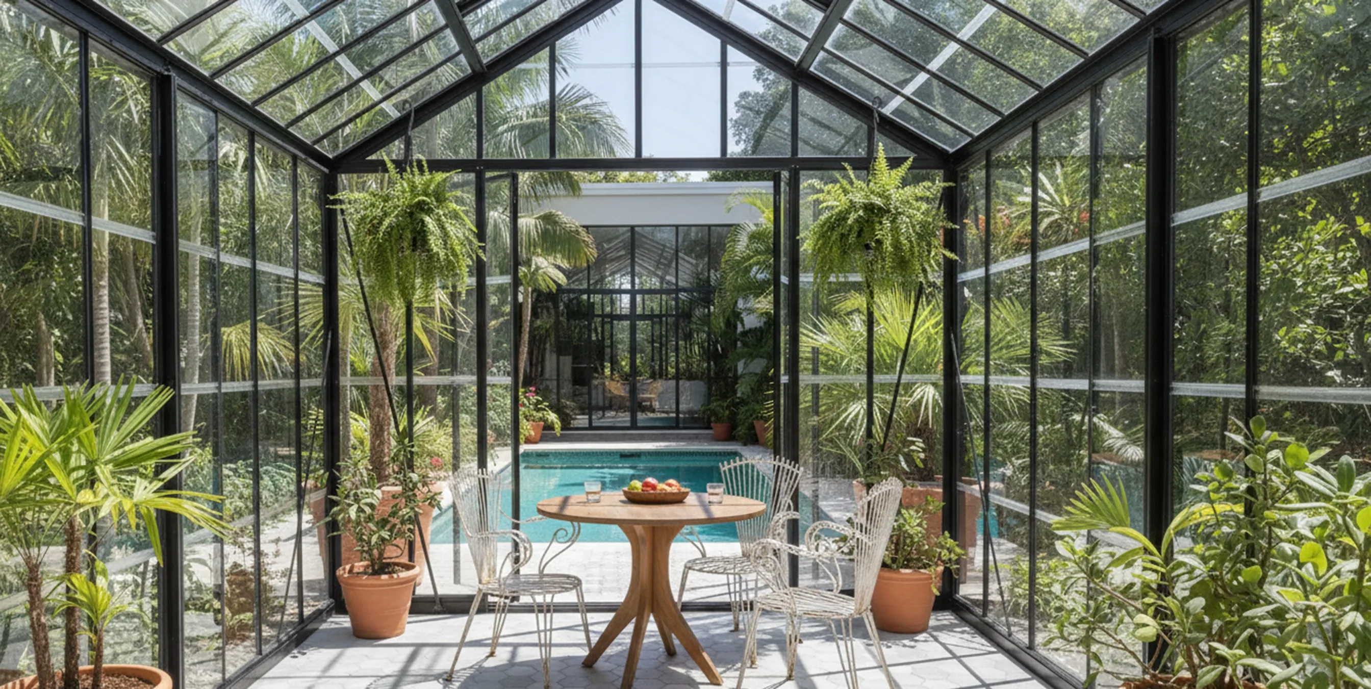 Quatro poltronas de jardim antigas em uma estufa com plantas verdes