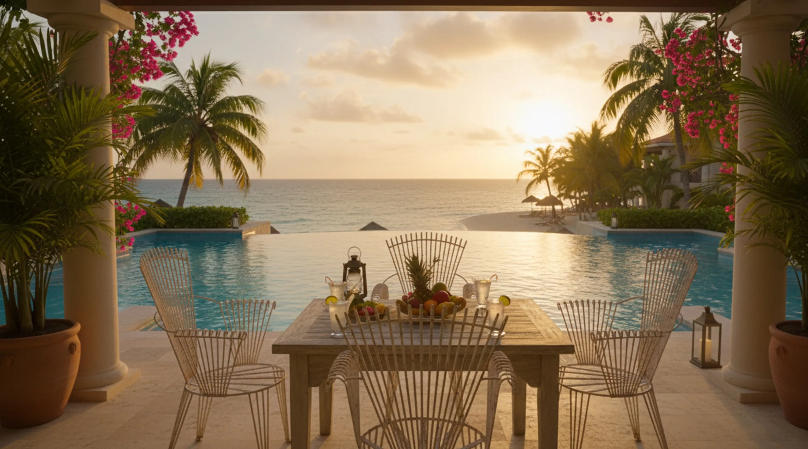 4 sillones de jardin en un entorno tropical junto a la piscina