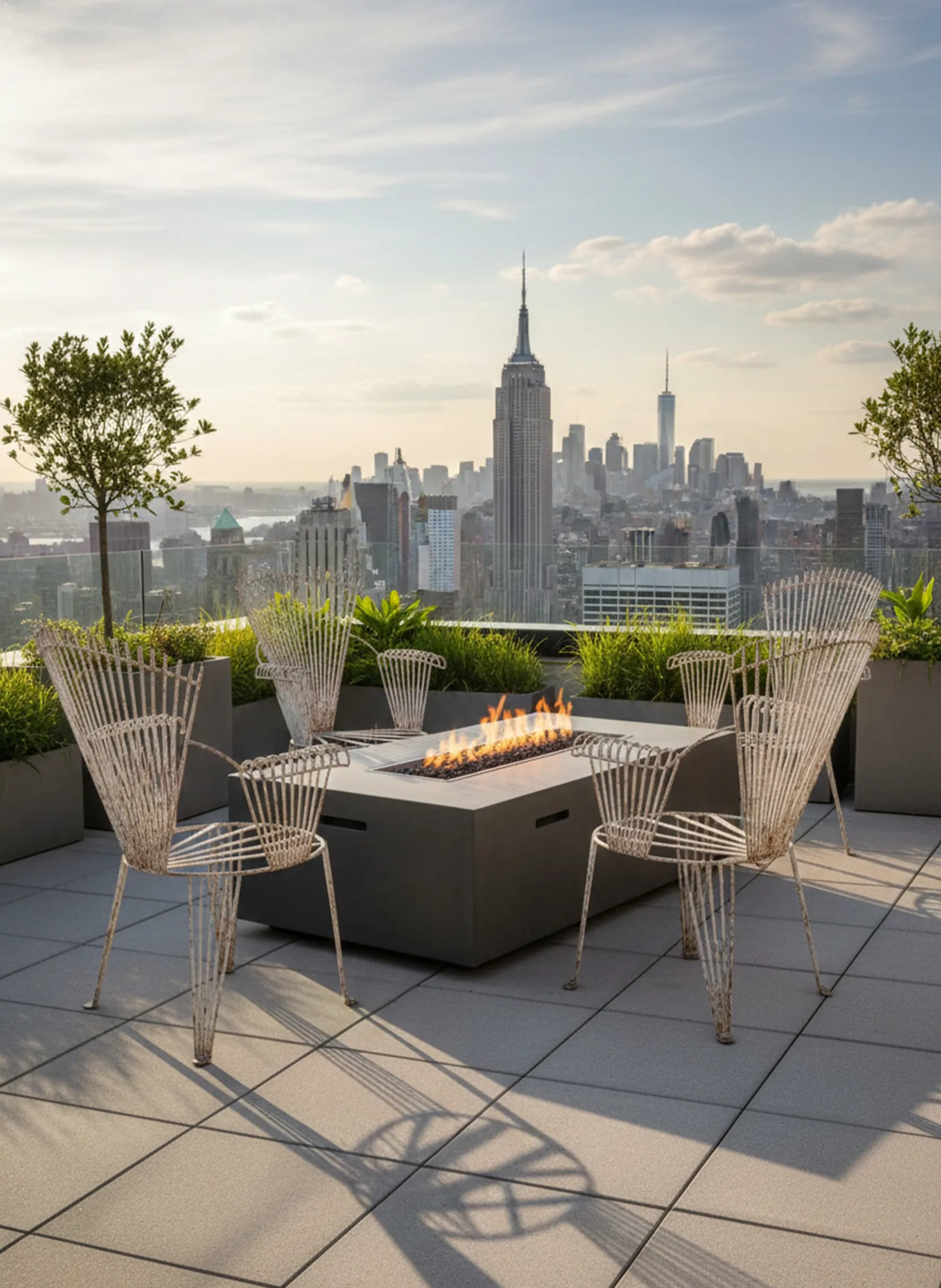 Vier antike Garten-Sessel mit einzigartigem Design, umgeben von Pflanzen und einer gemütlichen Atmosphäre.