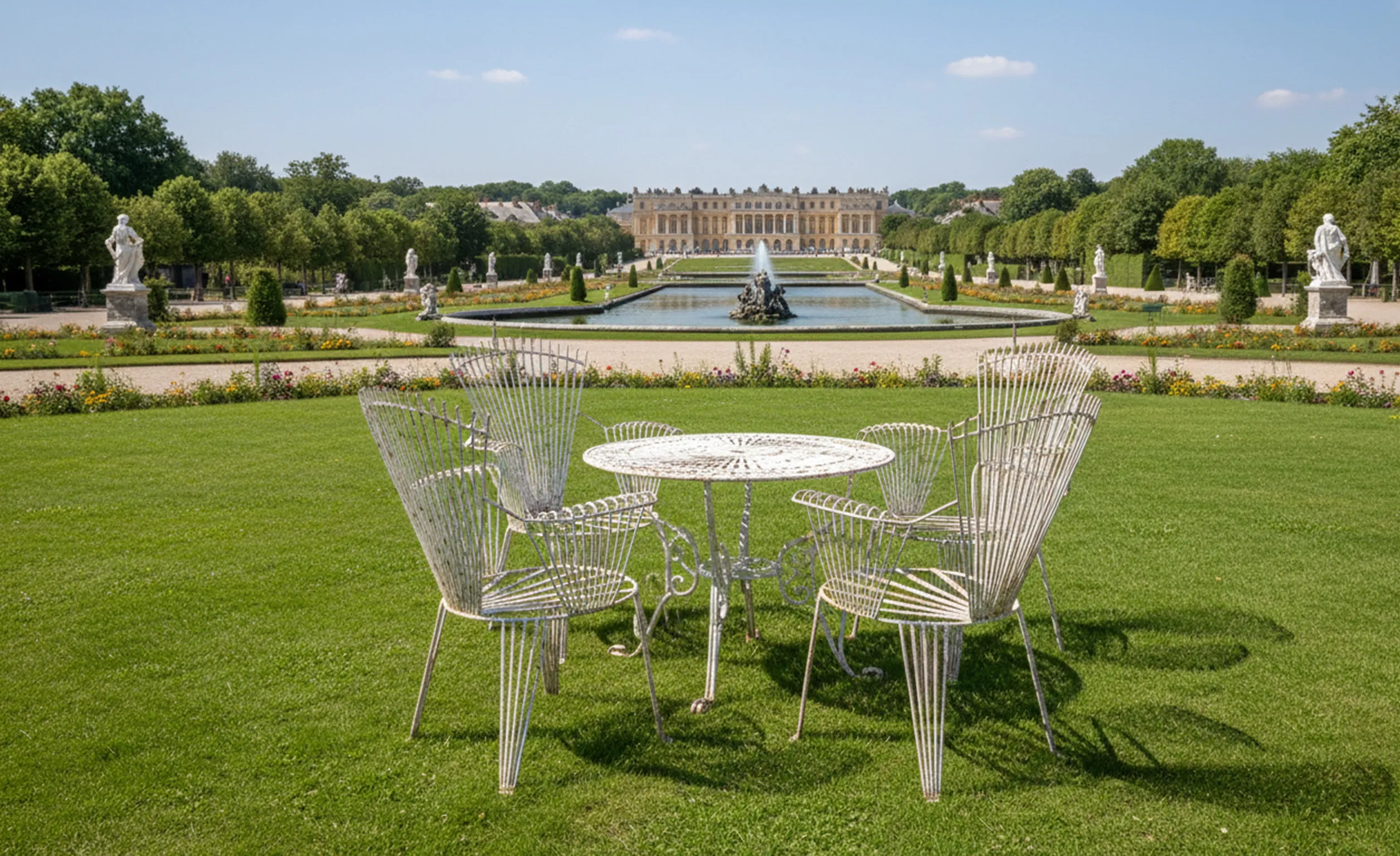 Quatre fauteuils de jardin anciens dans un espace vert avec vue.