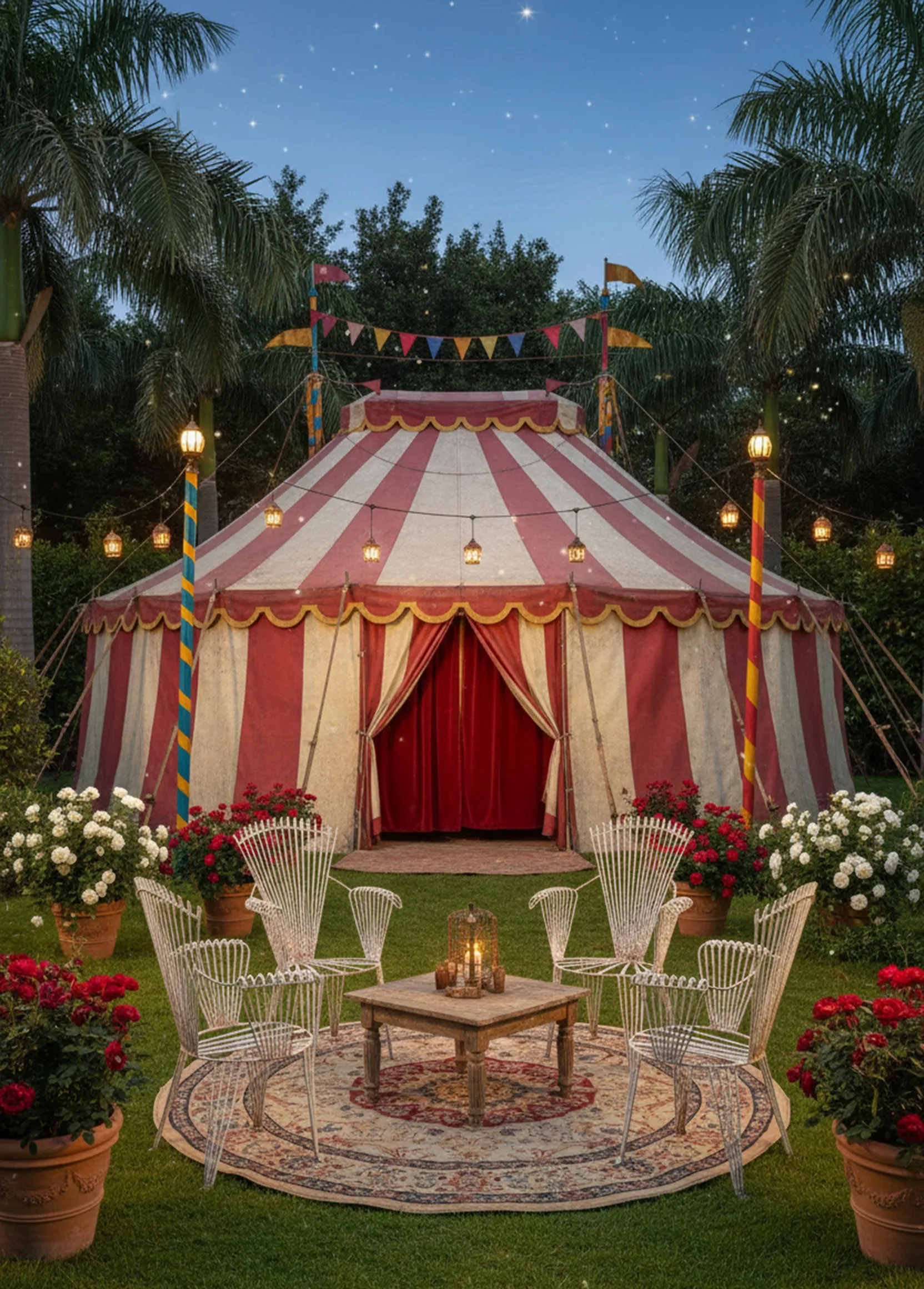 정원 안락의자 4개가 꽃들로 가득한 아늑한 분위기 속에 놓여 있다