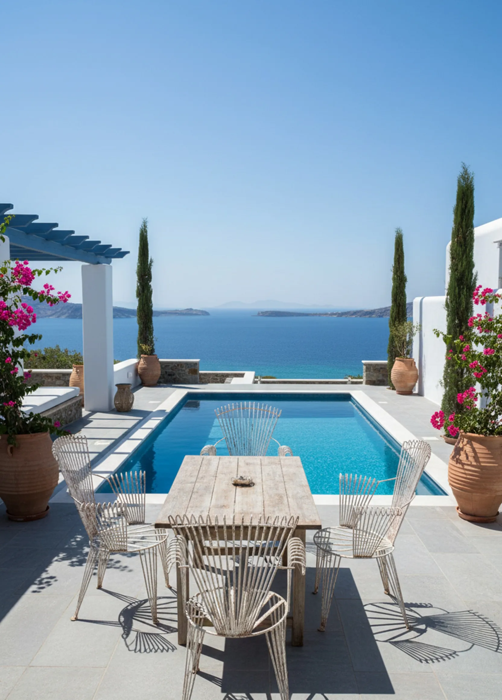 Four antique garden armchairs overlooking the sea in a serene environment.