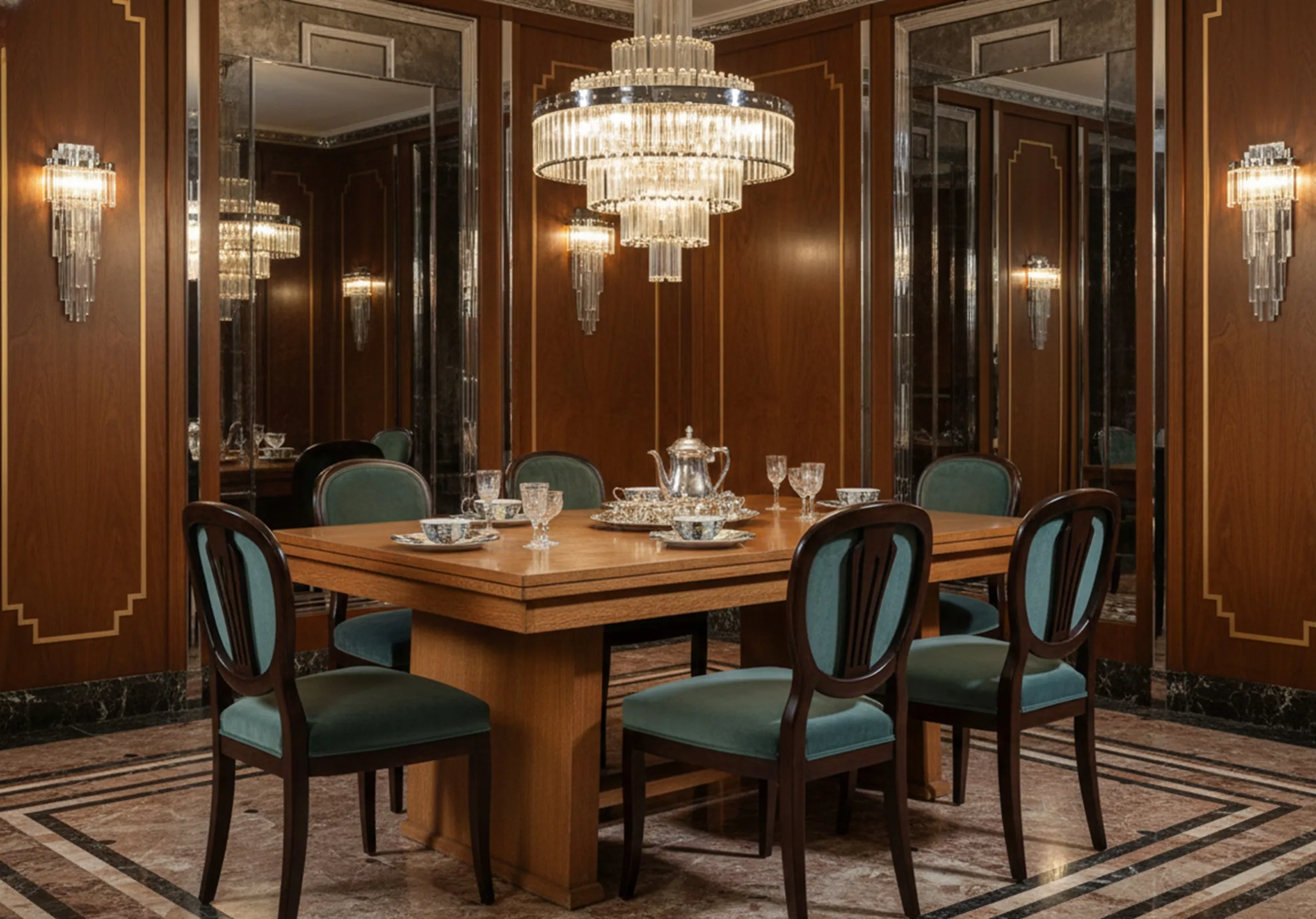 Mesa de comedor antigua para 6 o 4 personas en un ambiente elegante con sillas tapizadas.