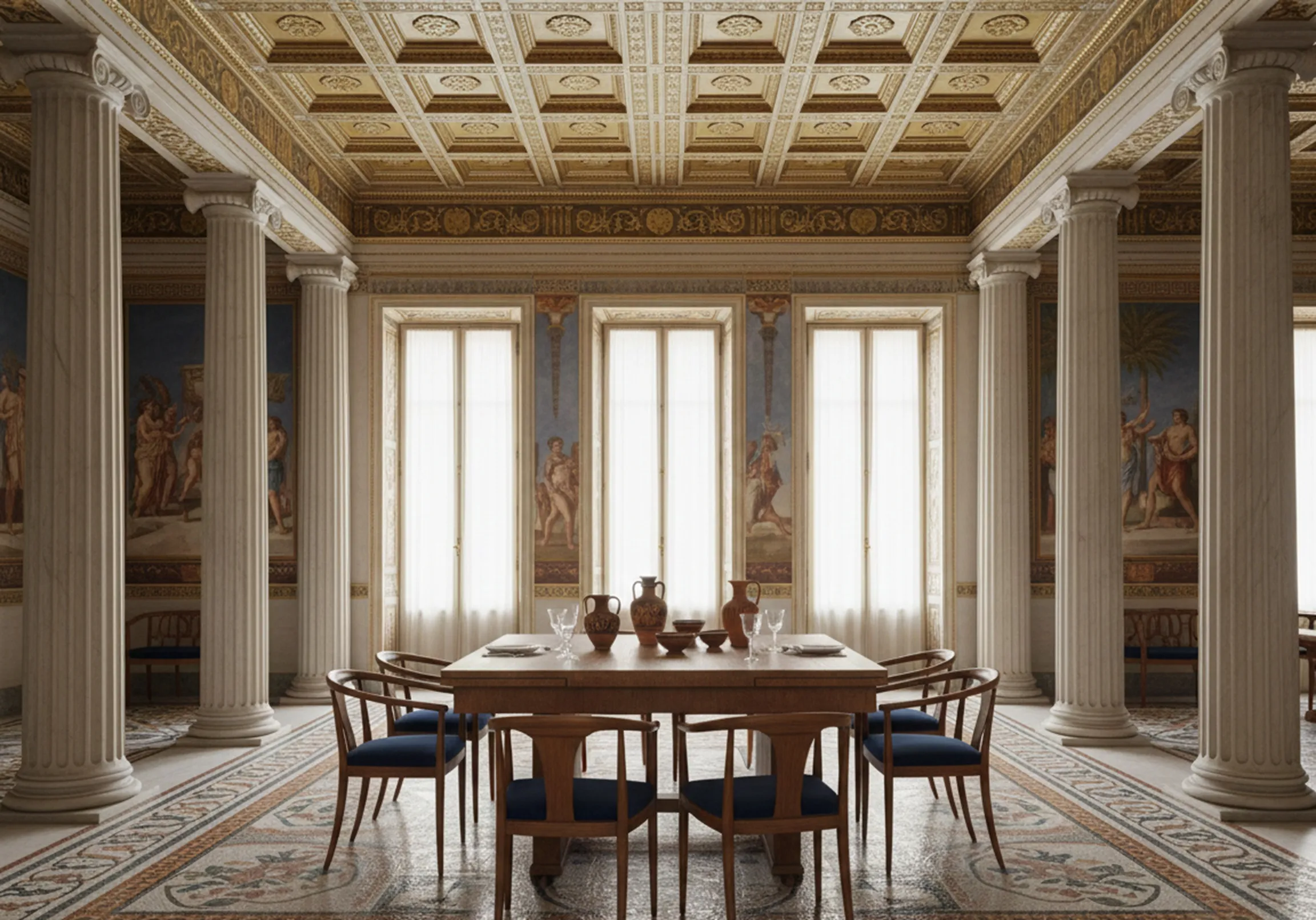 Antique dining table with chairs in an elegant setting, classic decorations.