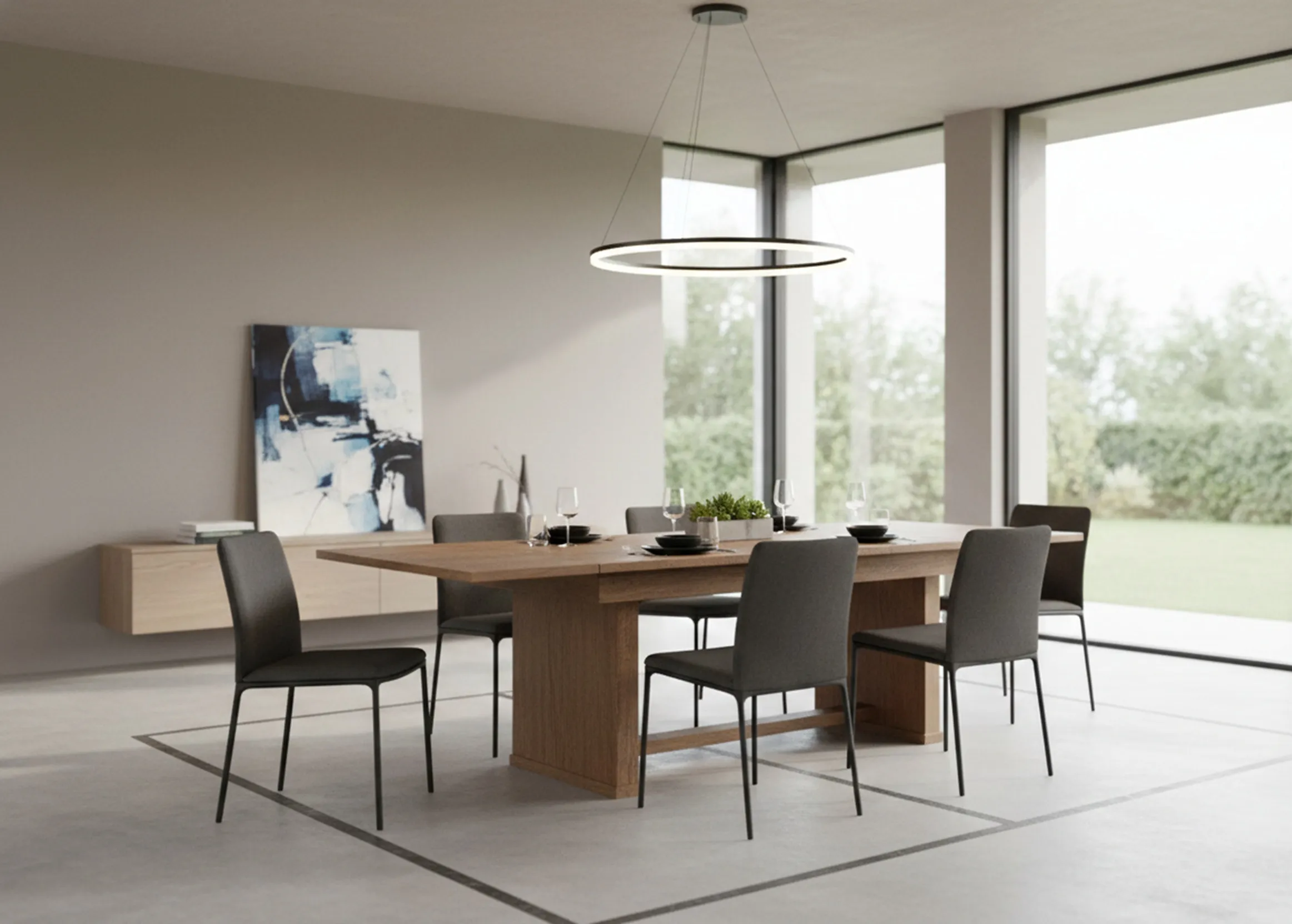 Mesa de comedor antigua con sillas modernas, ambiente luminoso.