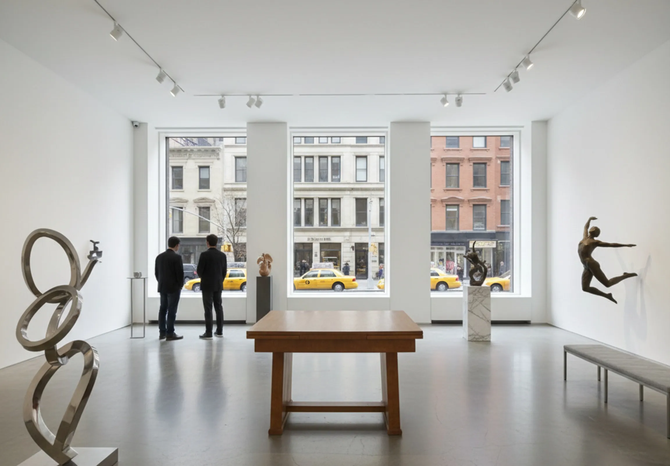 Antique dining table seen in a modern space with sculptures
