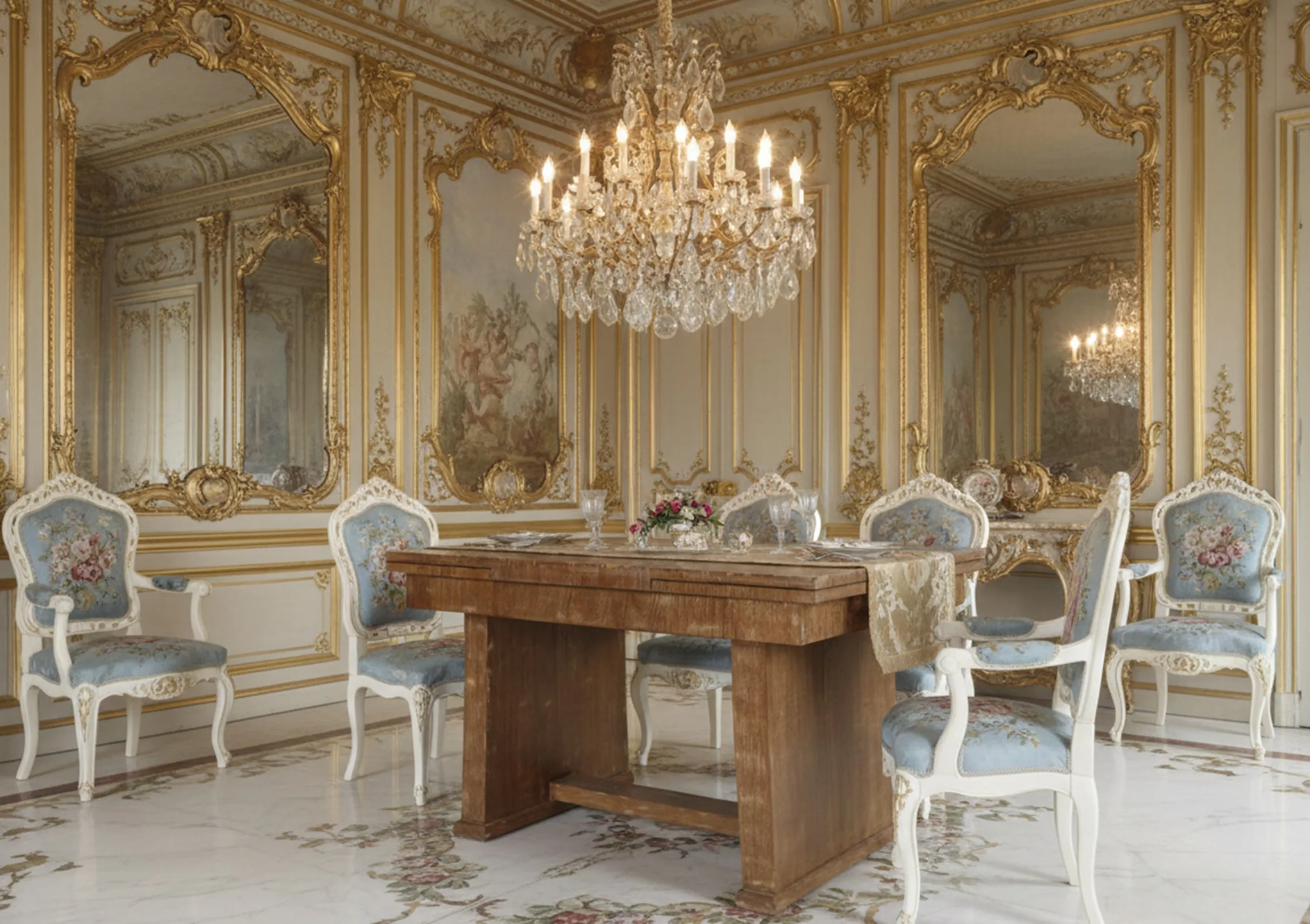 Antiker Esstisch mit klassischem Design in einem eleganten Raum mit dekorierten Stühlen.