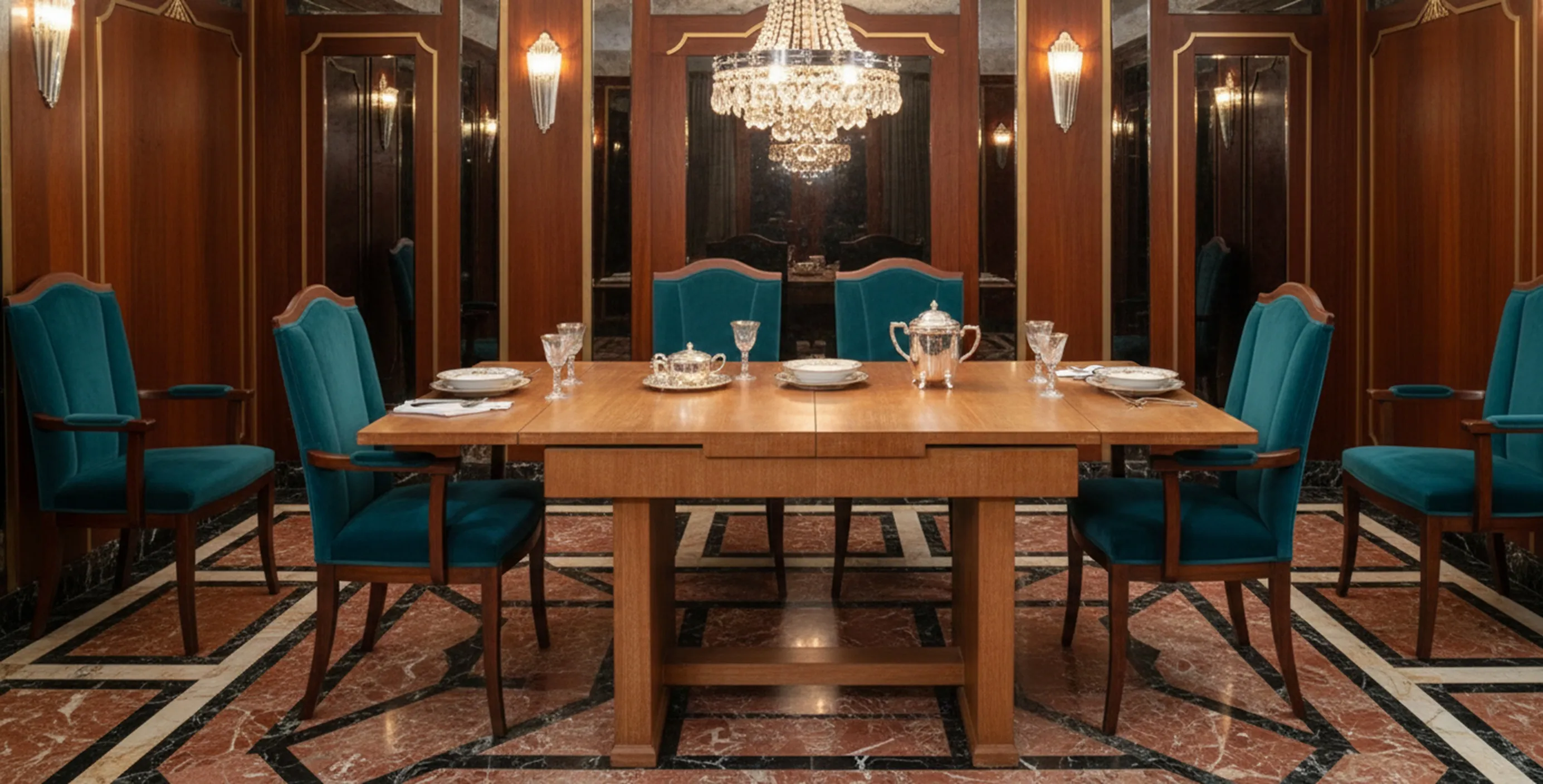 Table à manger ancienne pour 6 ou 4 personnes dans un cadre élégant, décorée avec des assiettes et des verres.