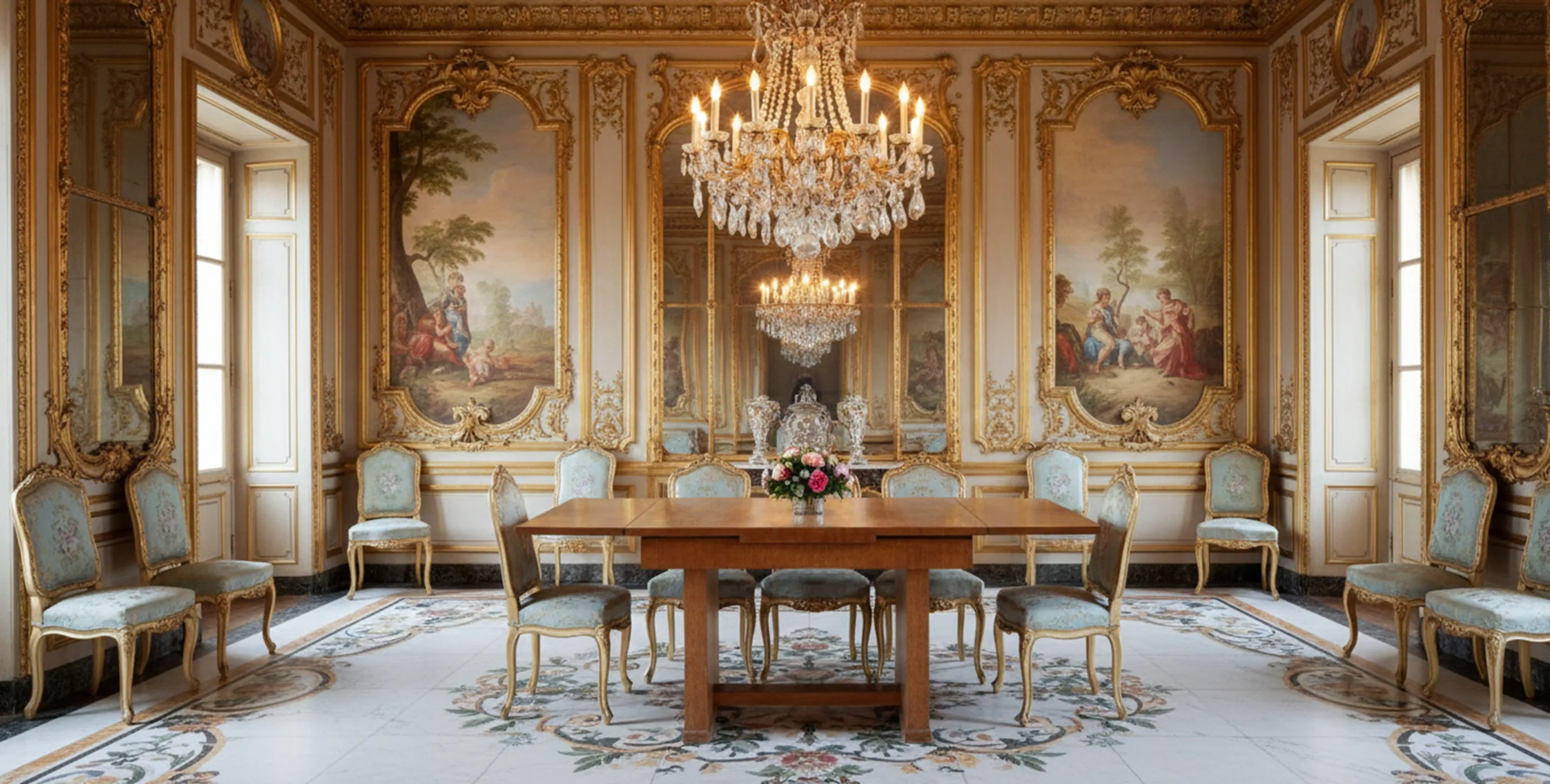 Tavolo da pranzo antico con sedie eleganti in un ambiente classico.