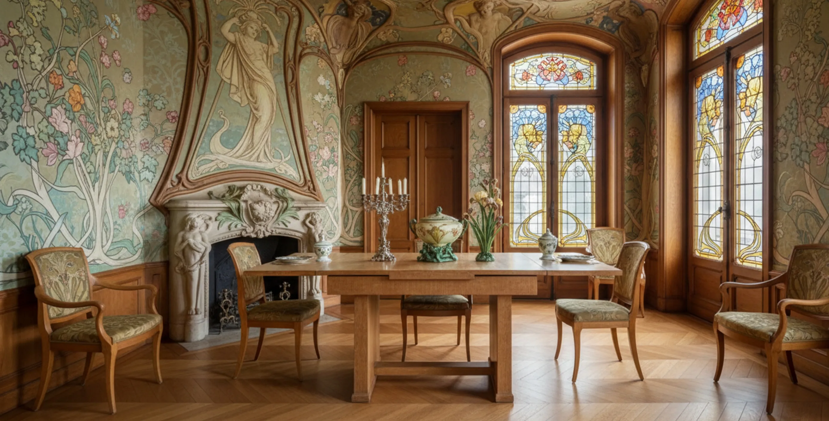 mesa de jantar antiga com decoração elegante em um ambiente clássico.