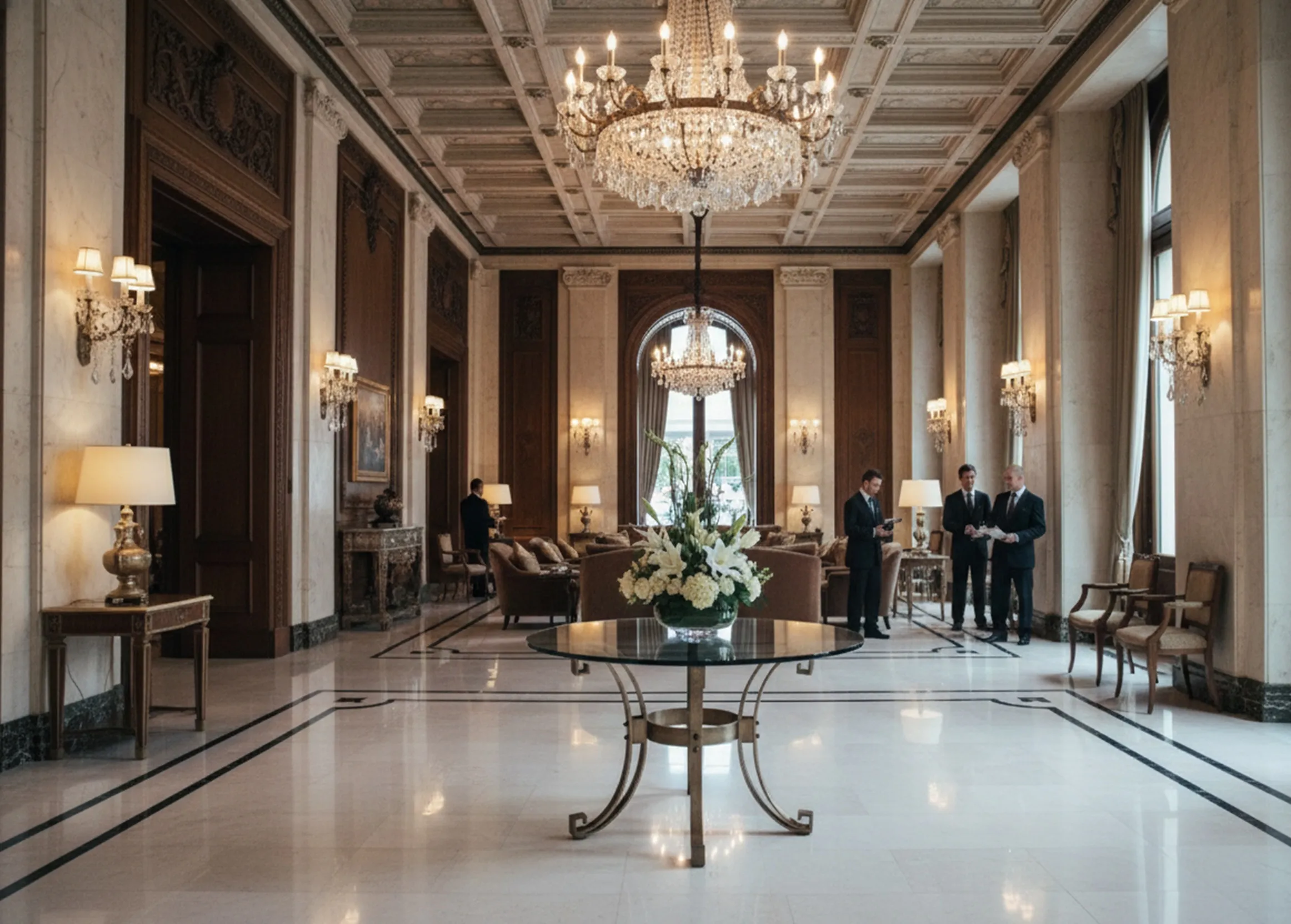 Antiker Esstisch für sechs Personen, mit Blumen dekoriert, elegantes Ambiente.