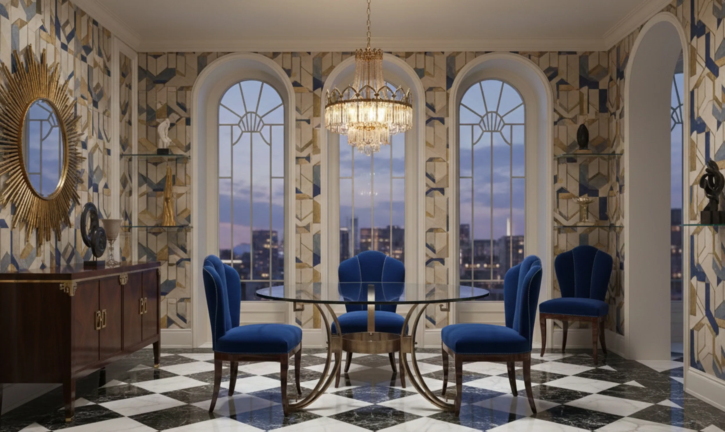 Antique dining table for 6 people in an elegant setting with blue chairs