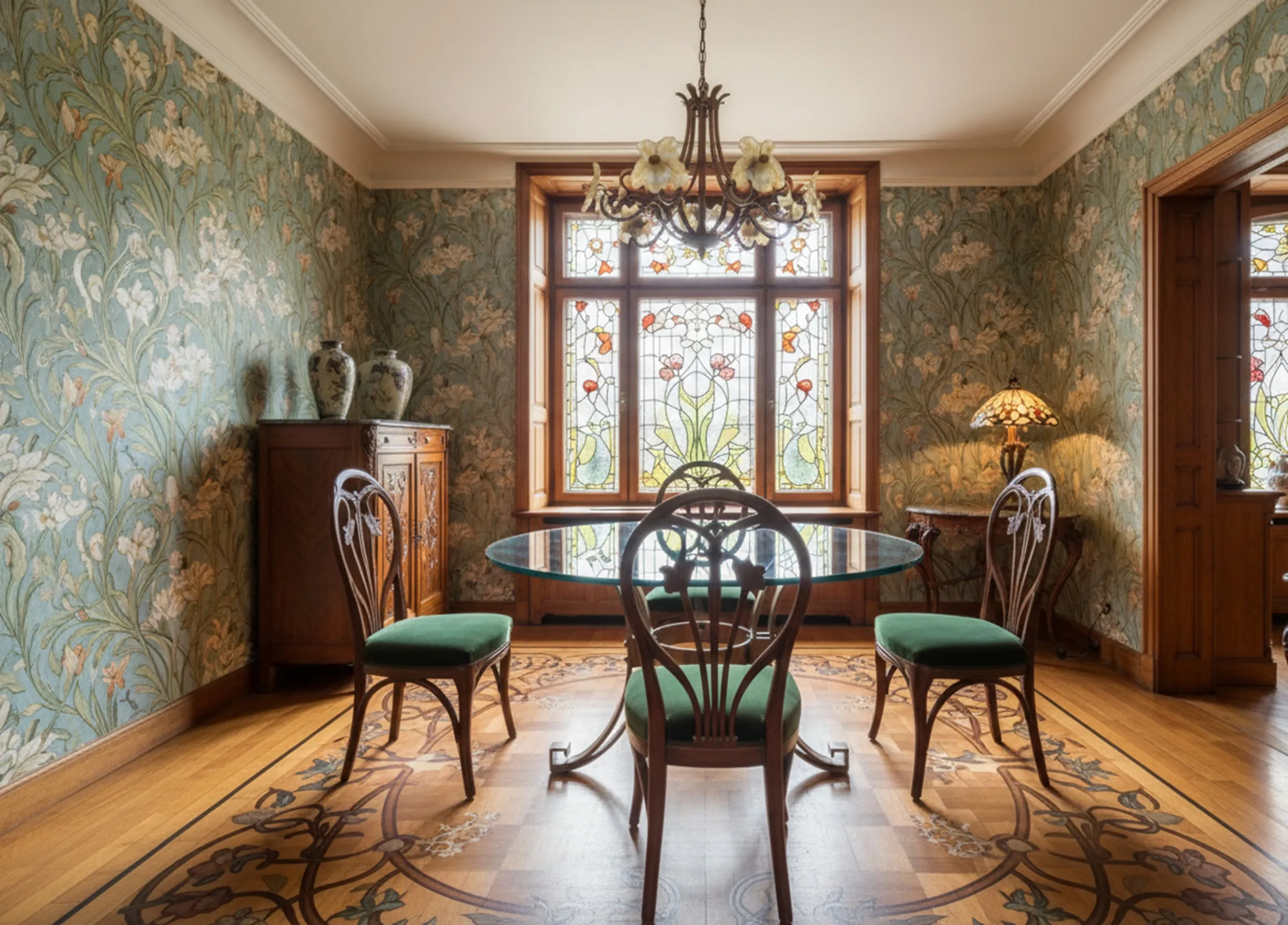 Antique dining table surrounded by four chairs in a decorative setting