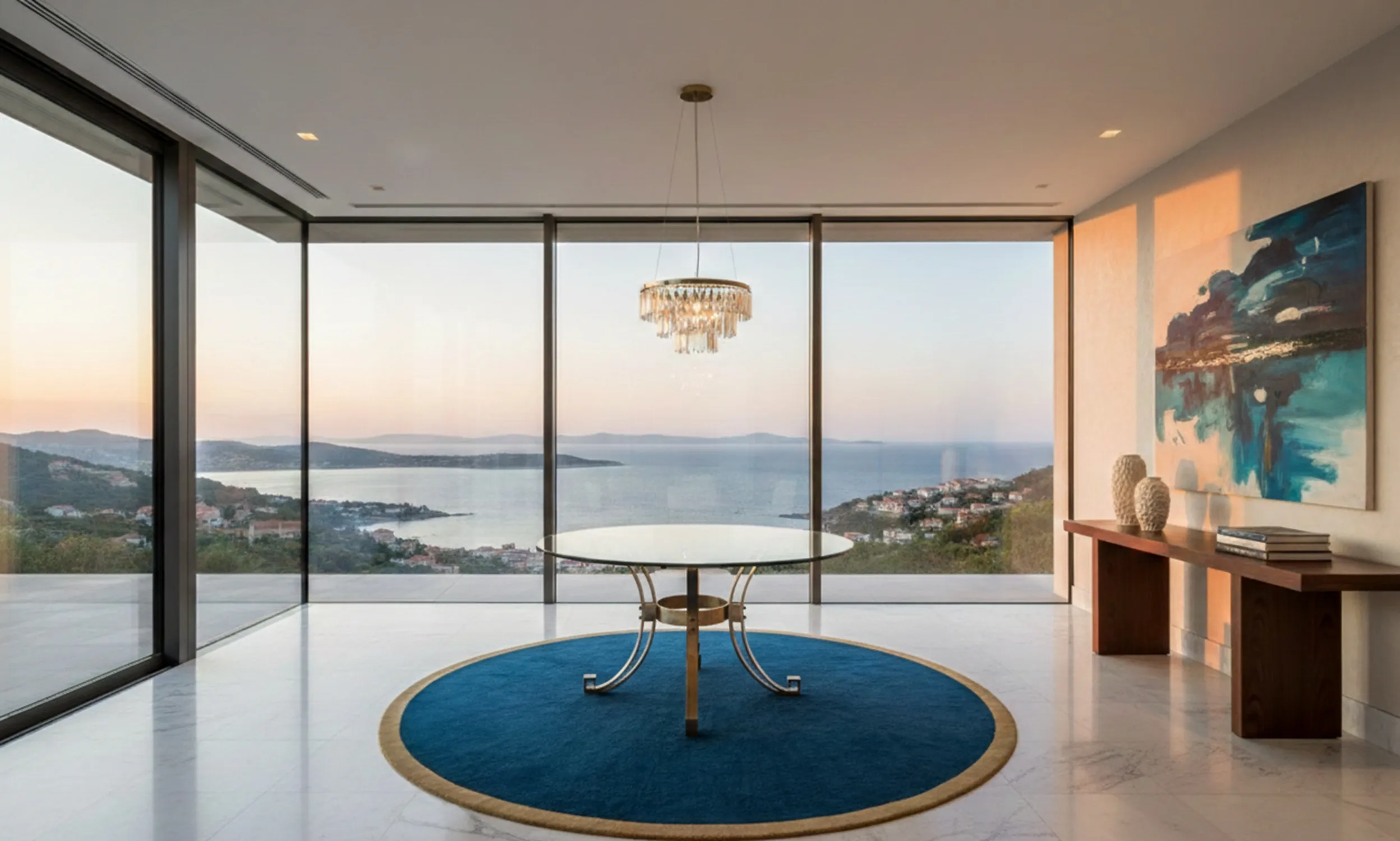 Antique dining table for 6 people in a modern setting with sea views.