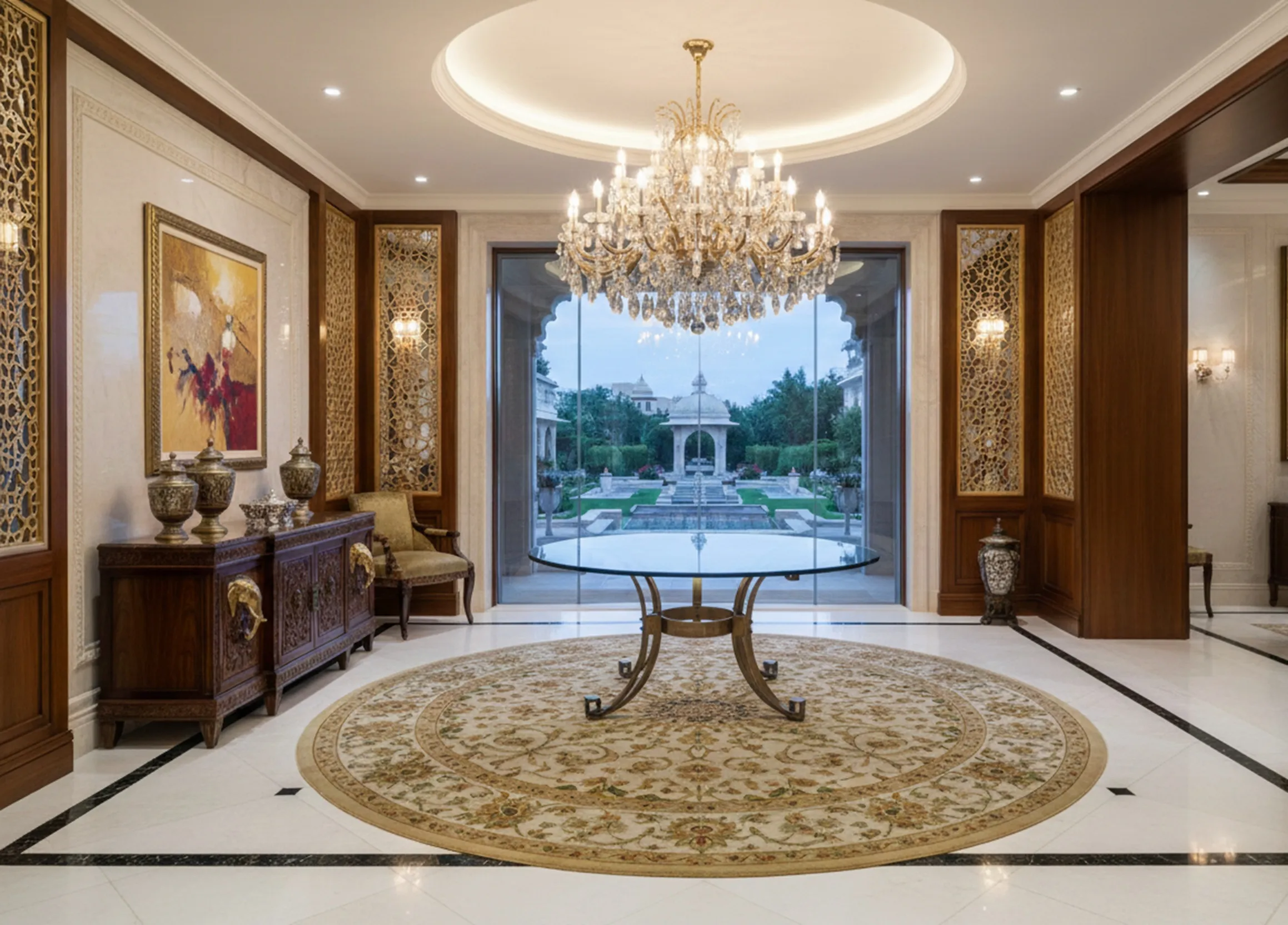 Античный обеденный стол на 6 человек в элегантной обстановке.