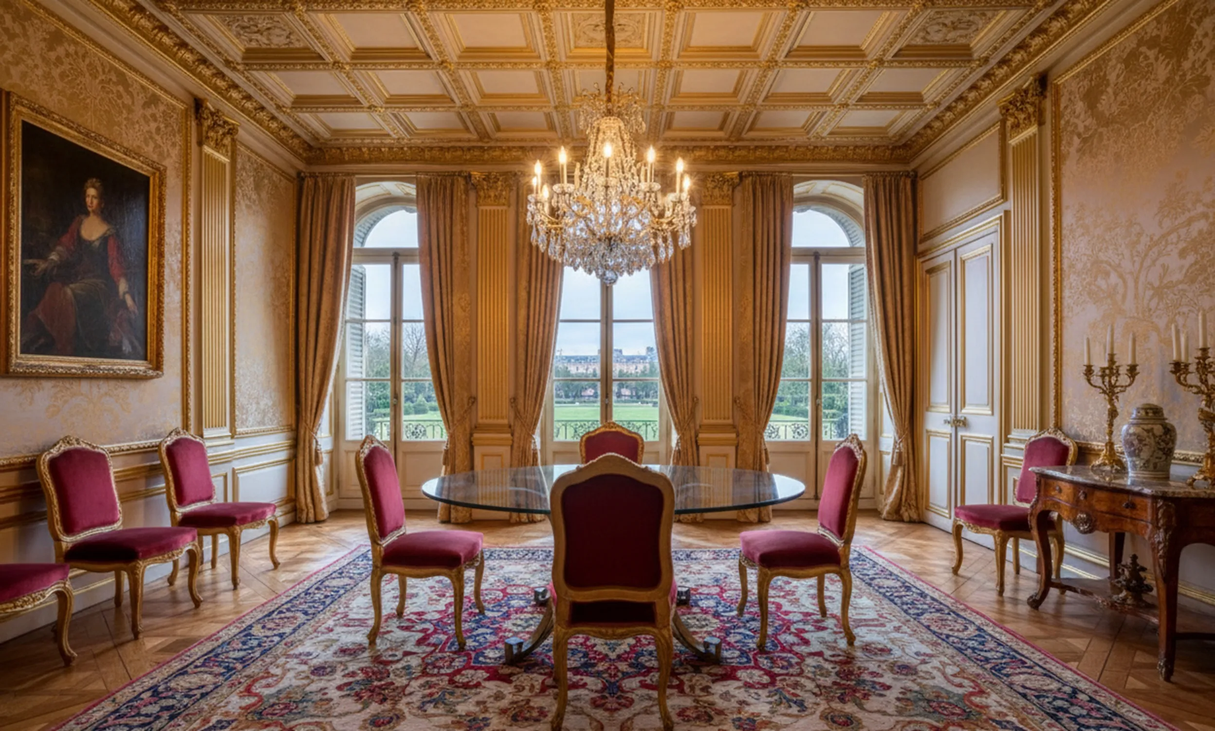 Mesa de comedor antigua para seis personas en un ambiente elegante con sillas rojas y decoración lujosa.
