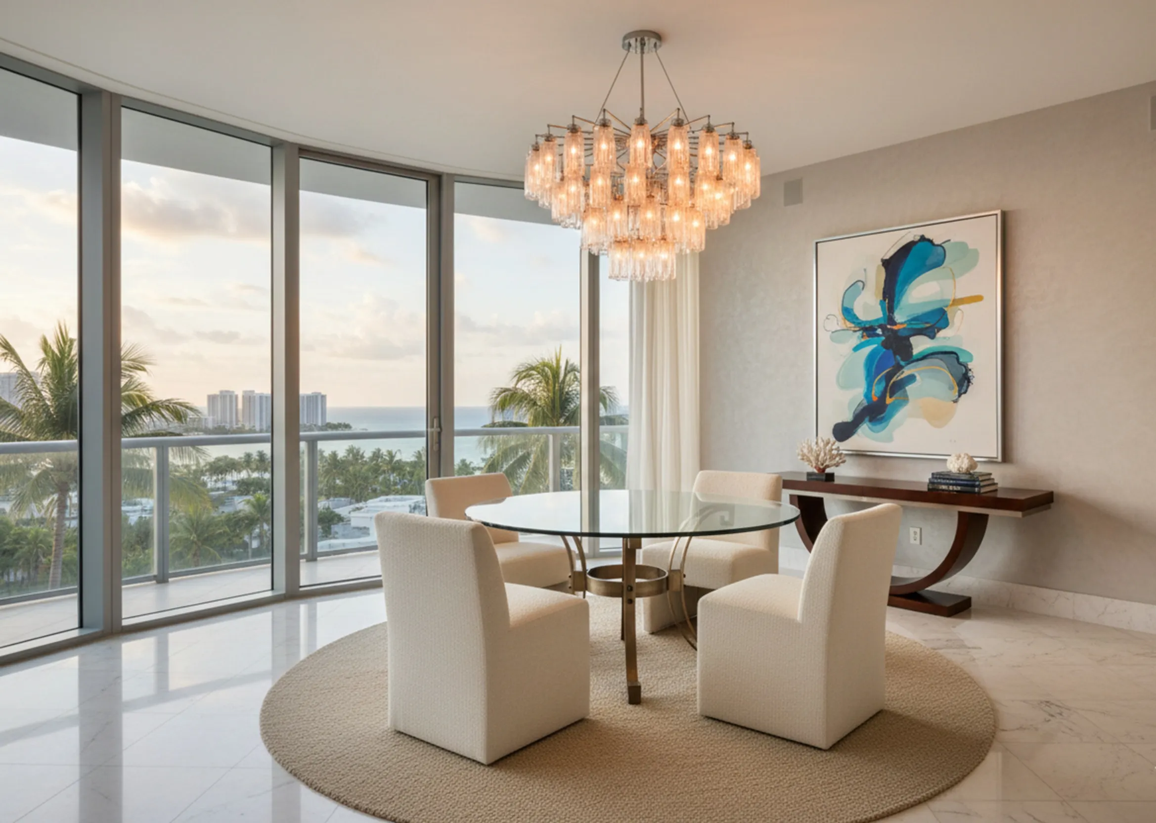 Mesa de comedor antigua para 6 personas, rodeada de sillas en un ambiente moderno con vistas al mar.