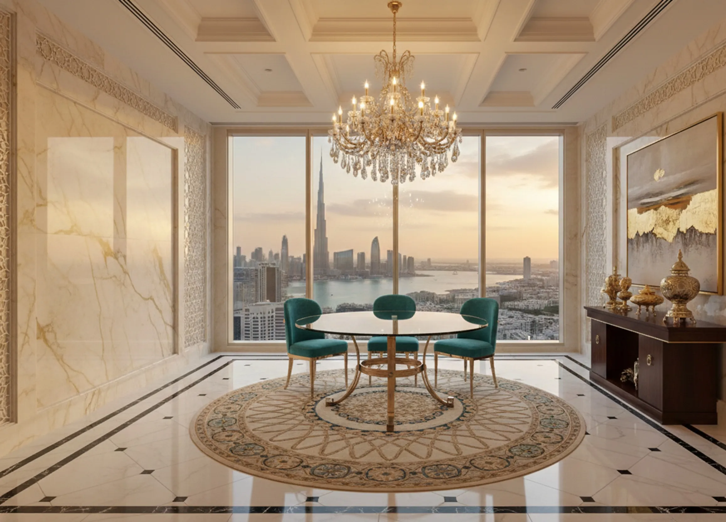 Mesa de comedor antigua para 6 personas con sillas y una vista impresionante.