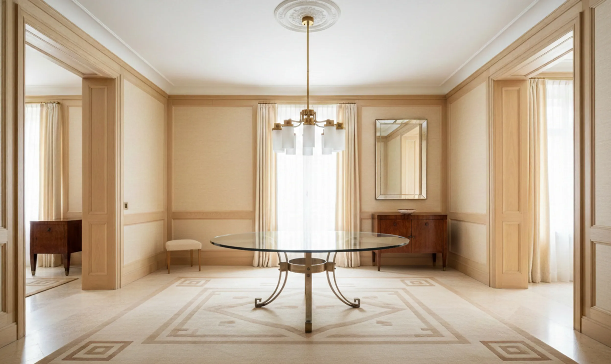 Tavolo da pranzo antico per 6 persone in un ambiente elegante con tende e specchio.