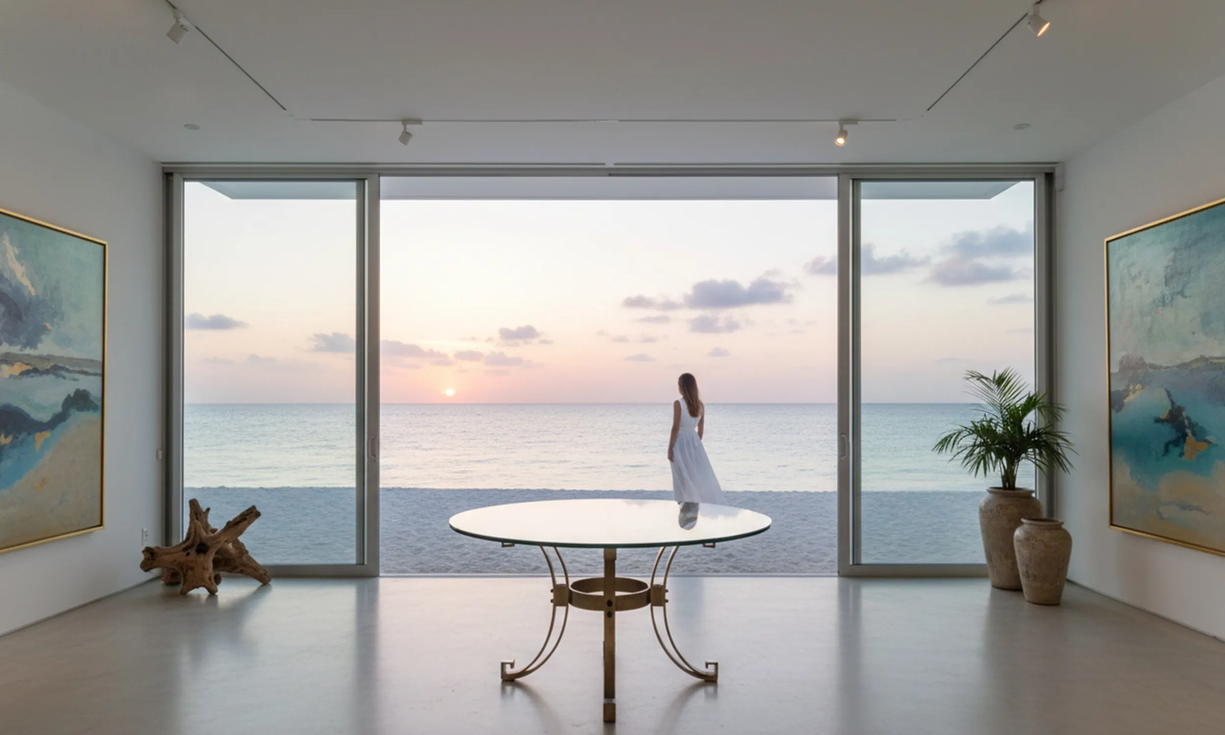Mesa de comedor antigua para seis personas frente al mar al atardecer.