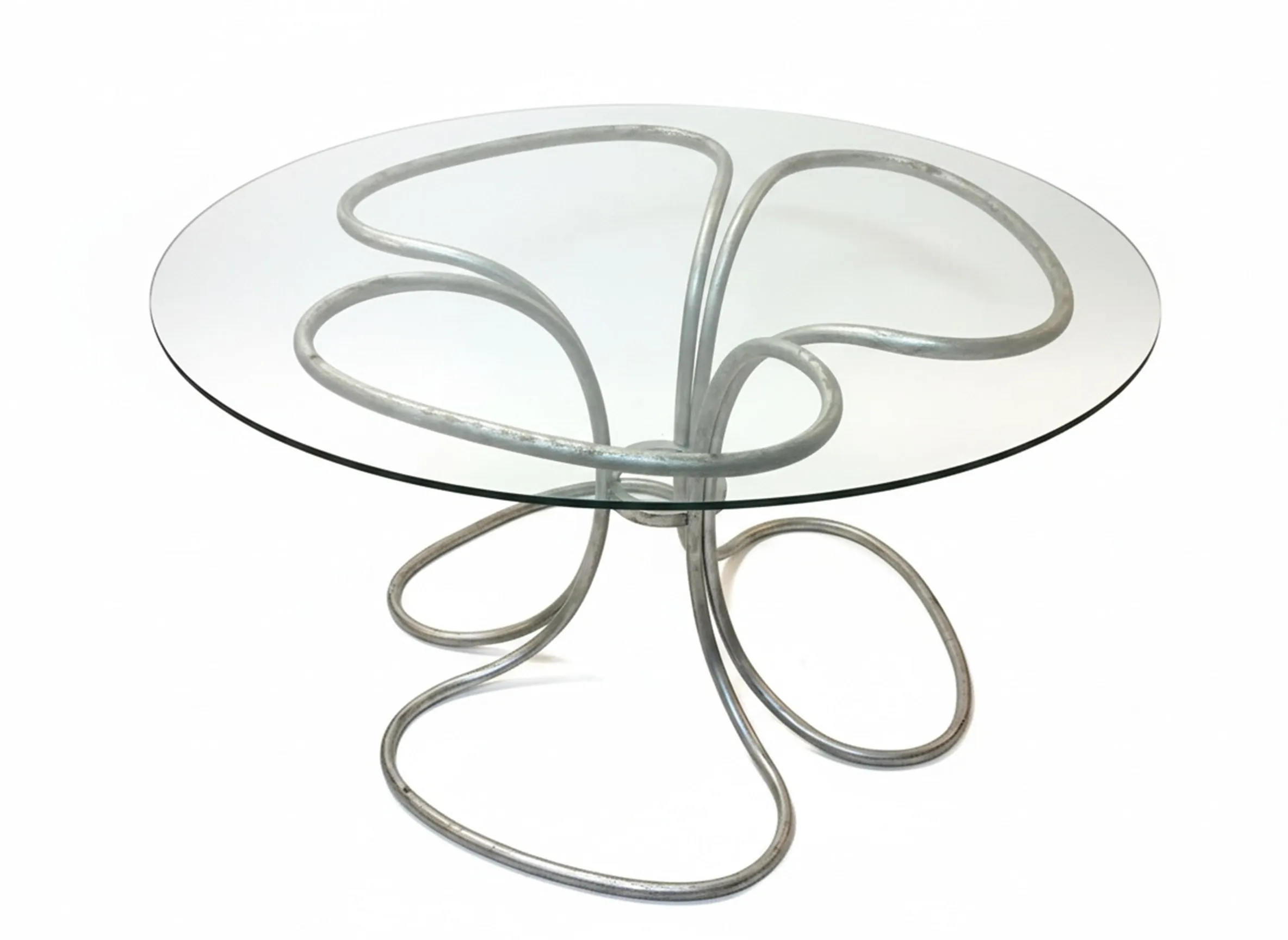 Tavolo da pranzo antico, rotondo, per 6 persone con base curva, design elegante.