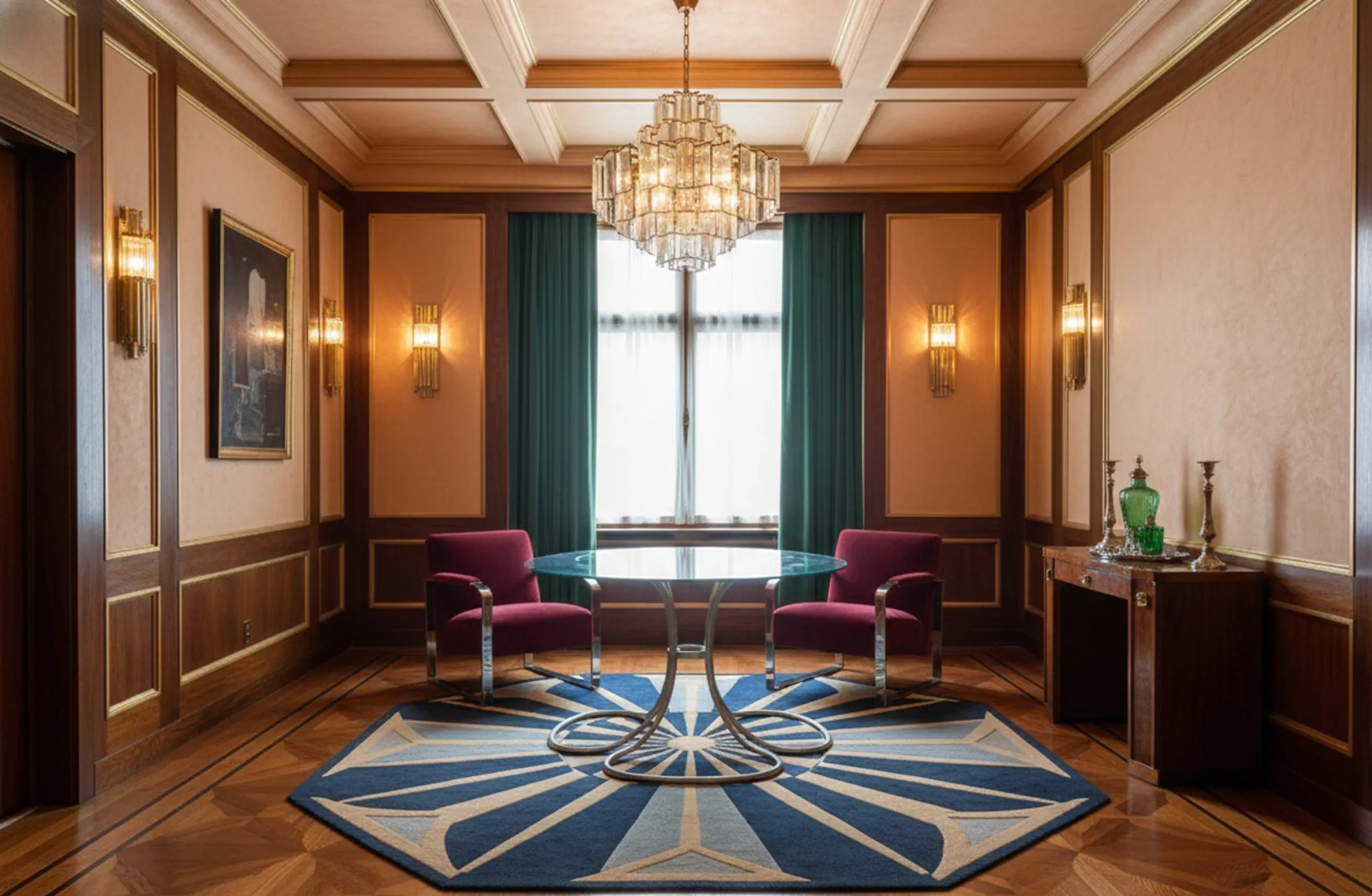 Mesa de comedor antigua para 6 personas con sillas rojas y alfombra decorativa