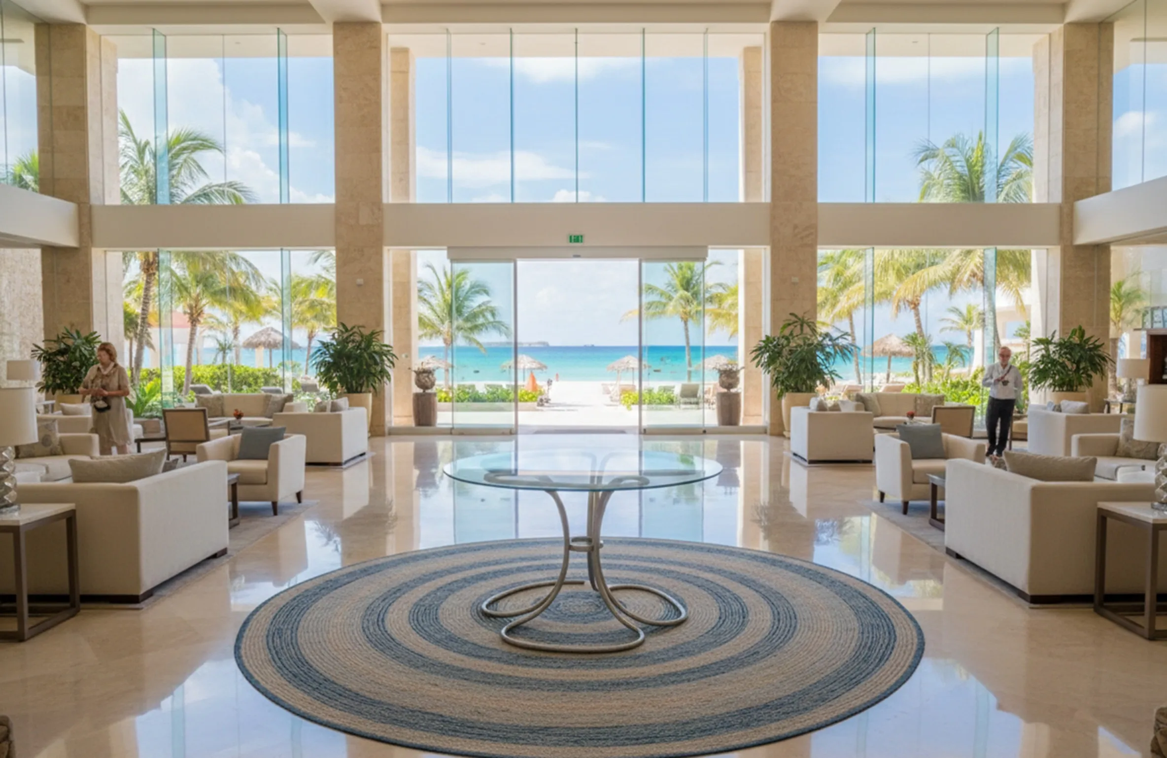 Mesa de jantar antiga para seis pessoas em ambiente elegante com vista para o mar