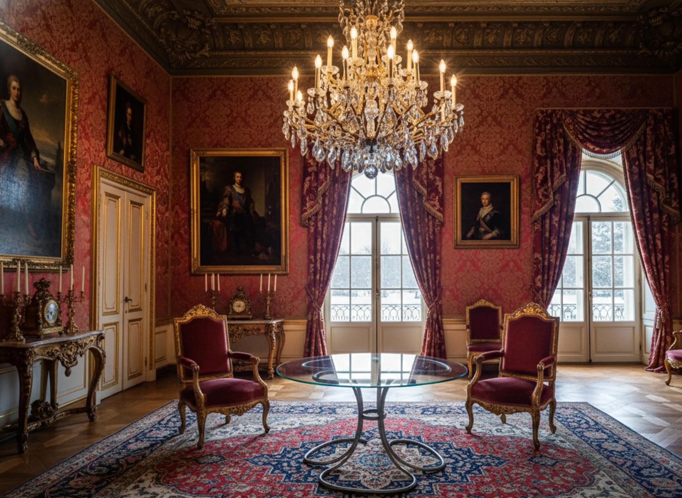 Antiker Esstisch für sechs Personen, umgeben von einem eleganten Ambiente mit Kronleuchtern und klassischer Kunst.