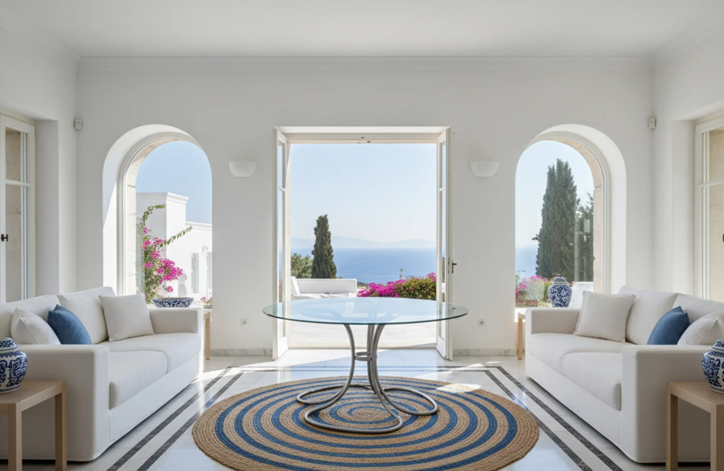 Mesa de comedor antigua para seis personas en un ambiente luminoso, con vistas al mar.