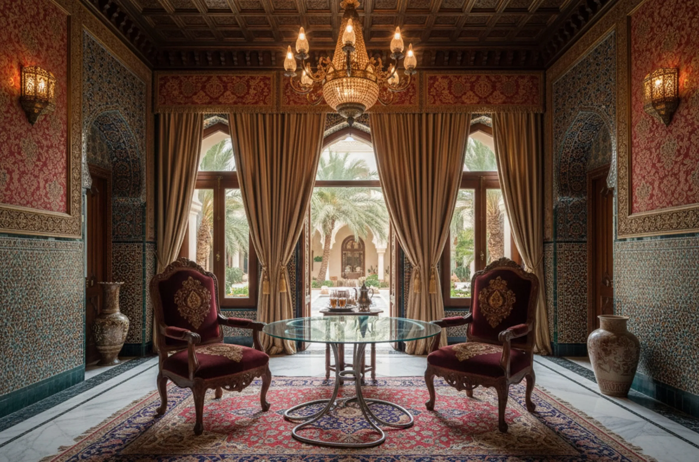 Antique dining table with luxurious chairs and detailed decor