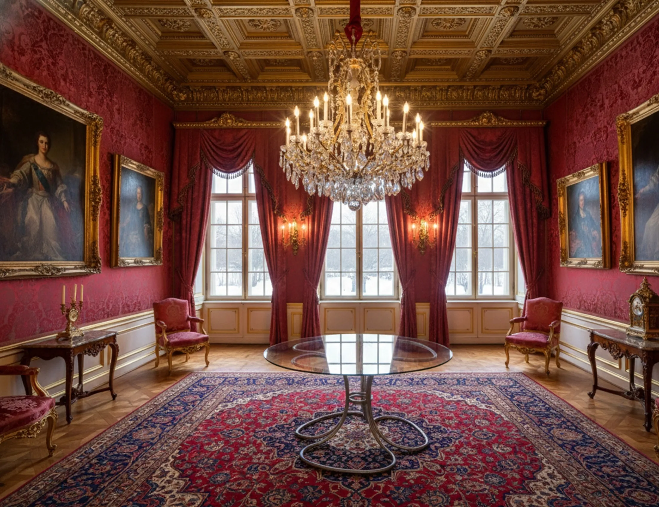 Mesa antigua de comedor para seis personas en un elegante comedor con arte clásico