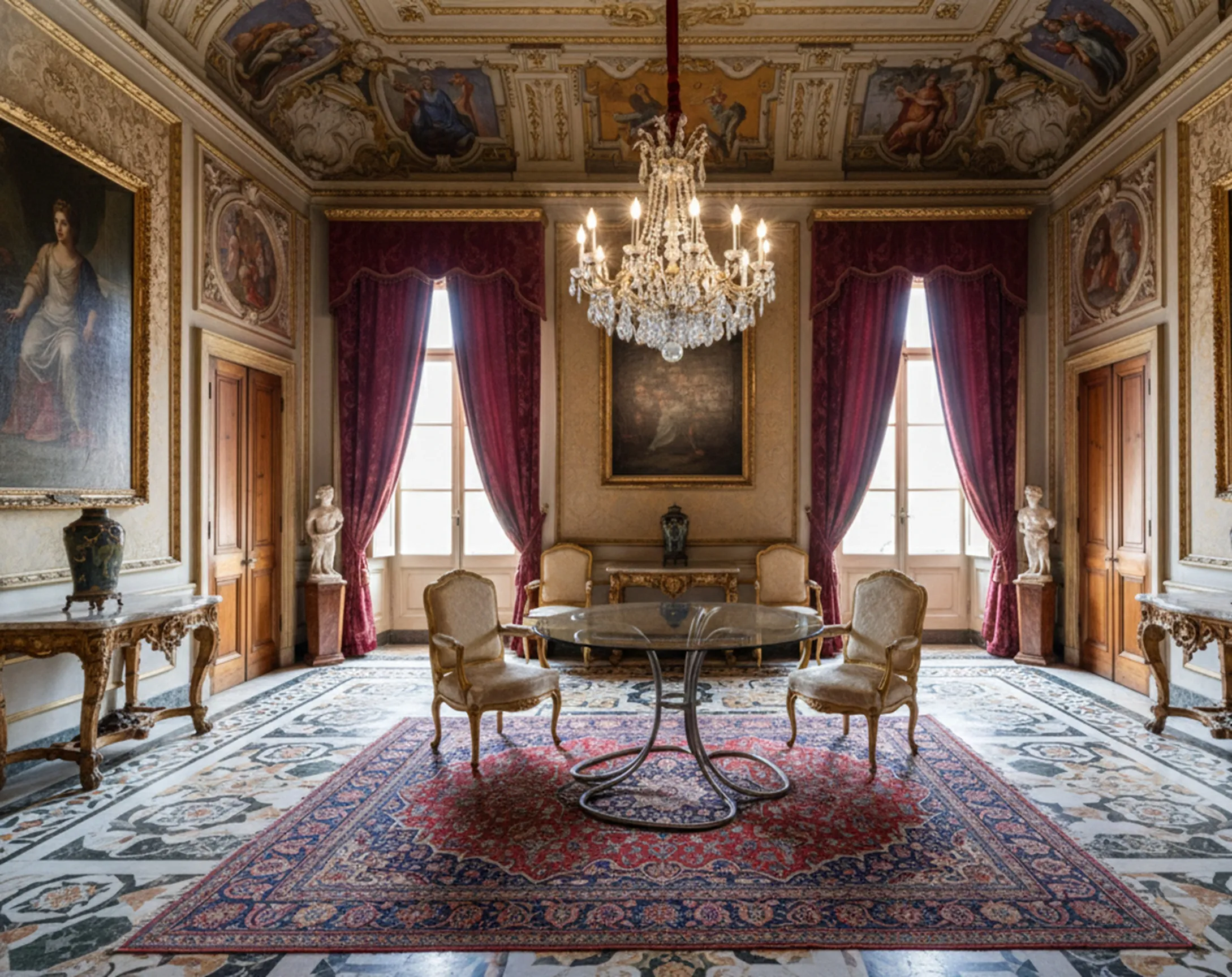 六人古董餐桌，配备优雅环境。