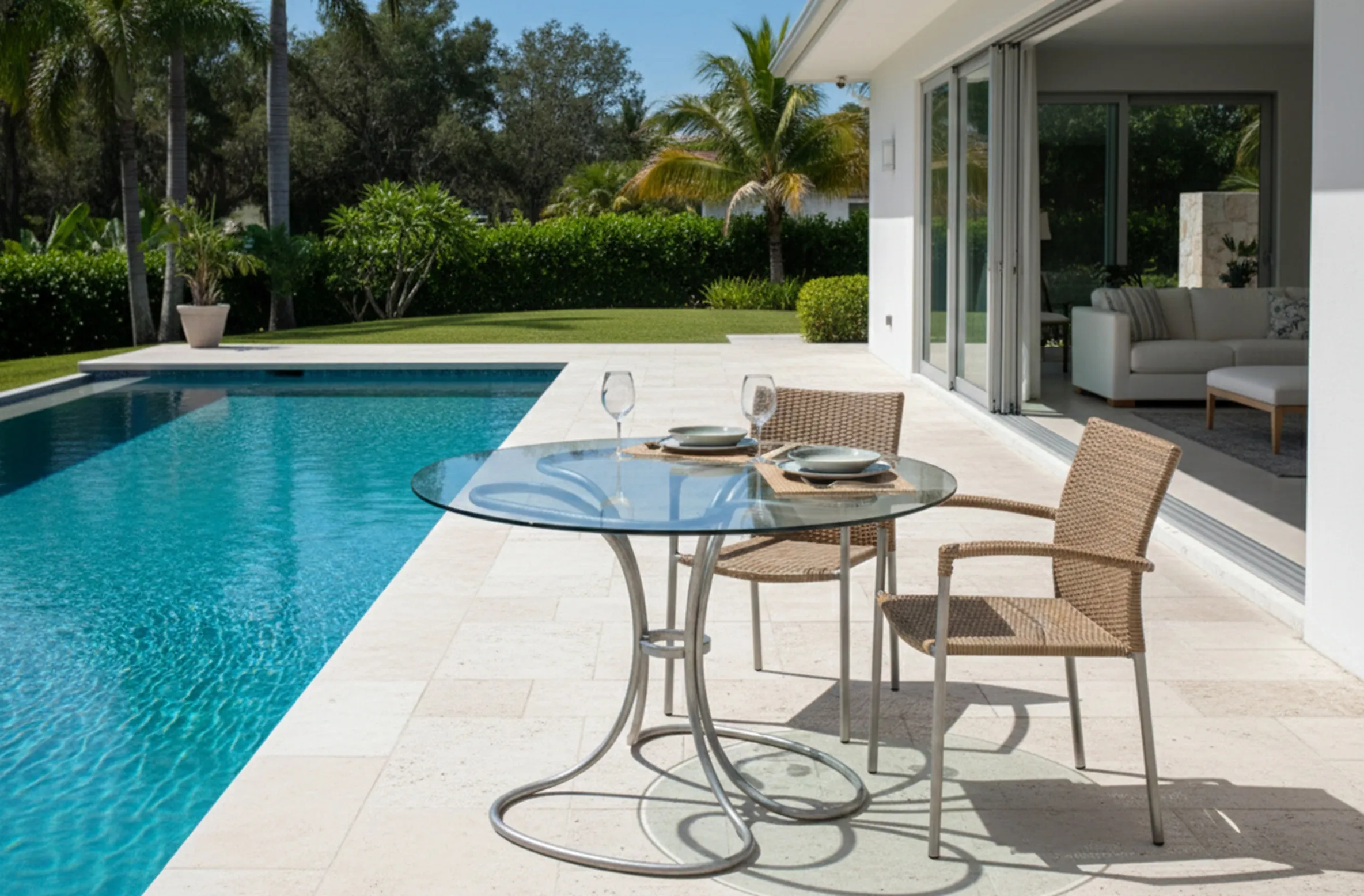 Antique dining table with outdoor chairs by the pool